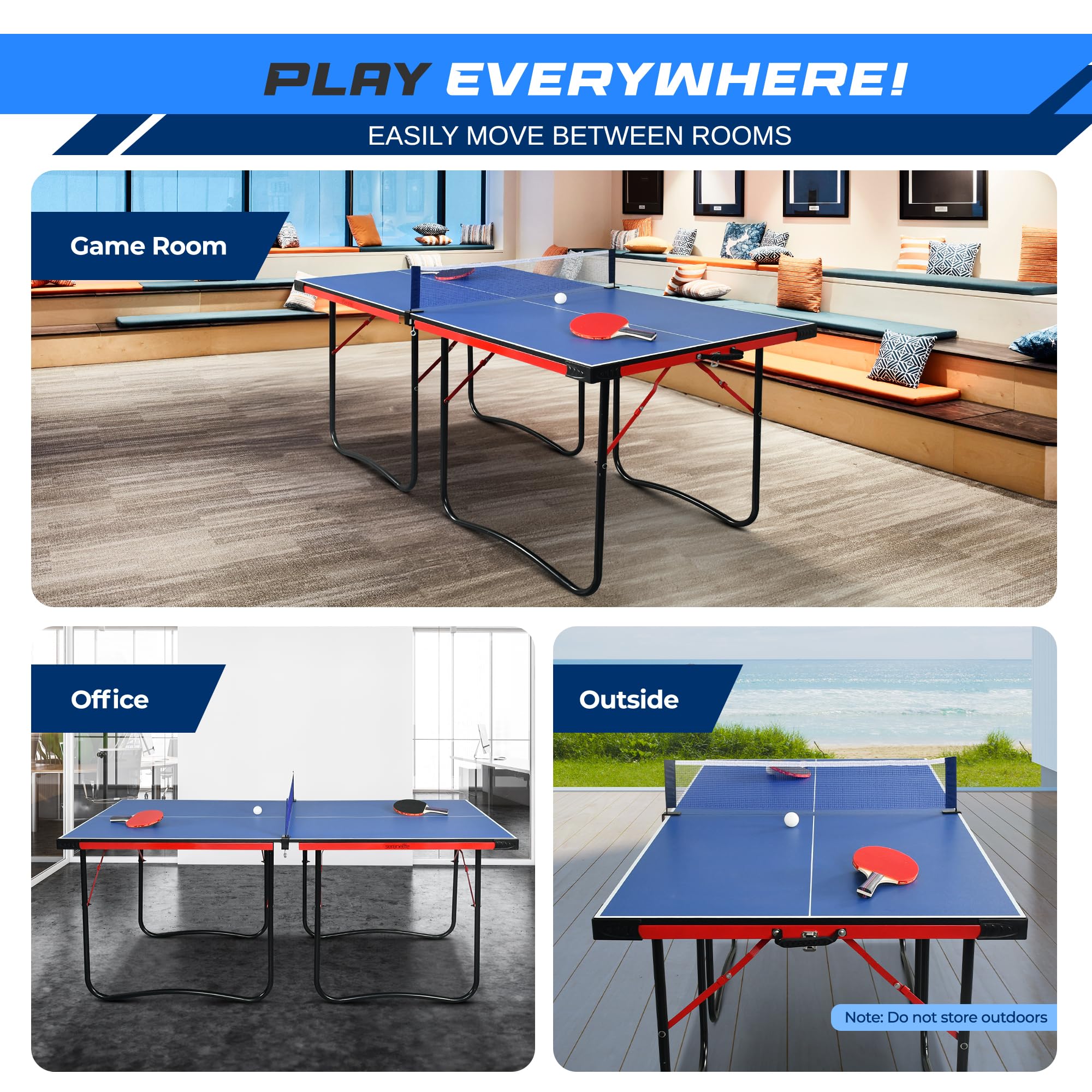 SereneLife Midsize Portable Ping Pong Table Set with Net, Clipper, Post - 6' x 3' Składany Space-Saving Design, Niebieski