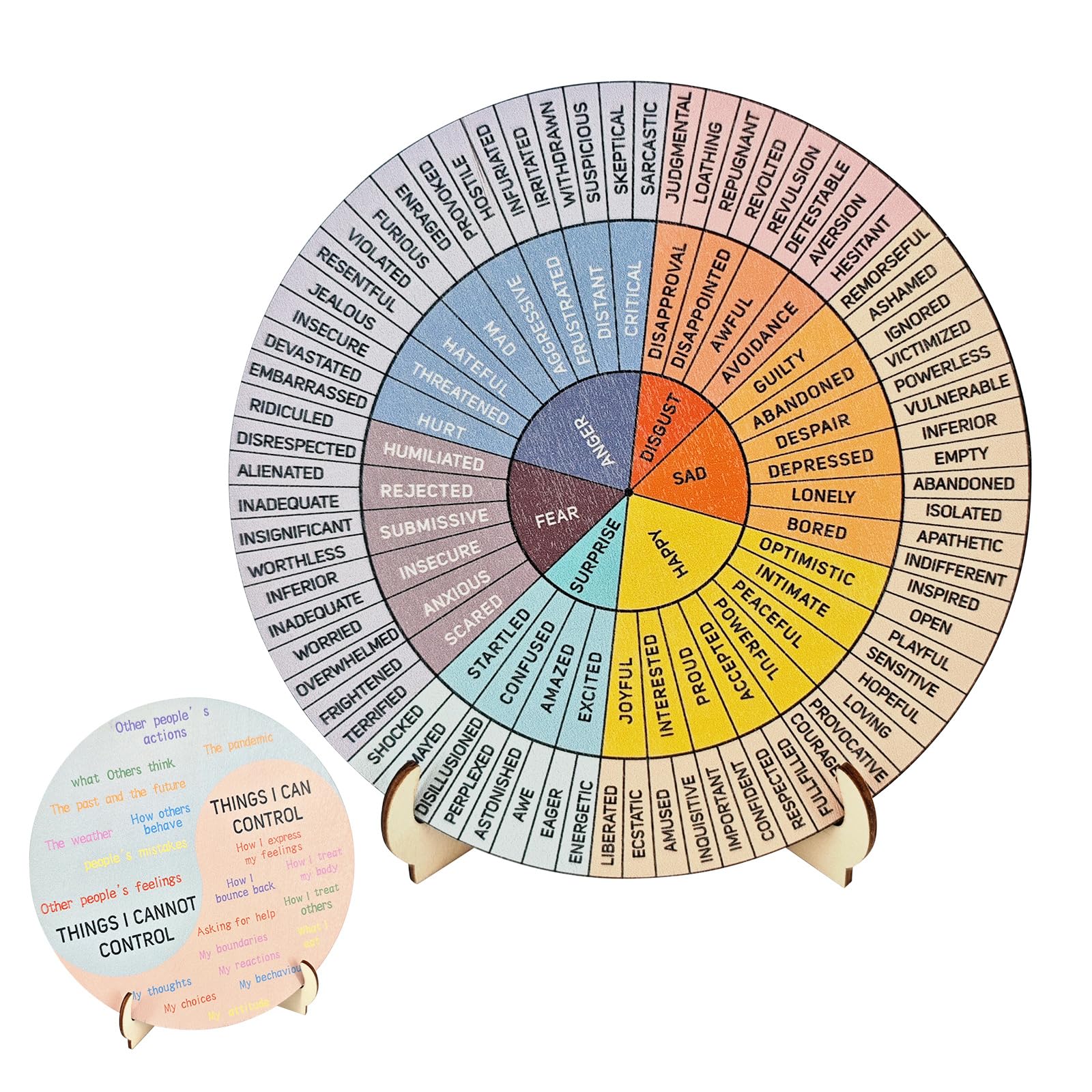 Feelings Wheel Chart for Therapy Office Desk - Double Sided Mental Health Emotions Guide with Stand, Therapist Gifts for Home Office Men & Women