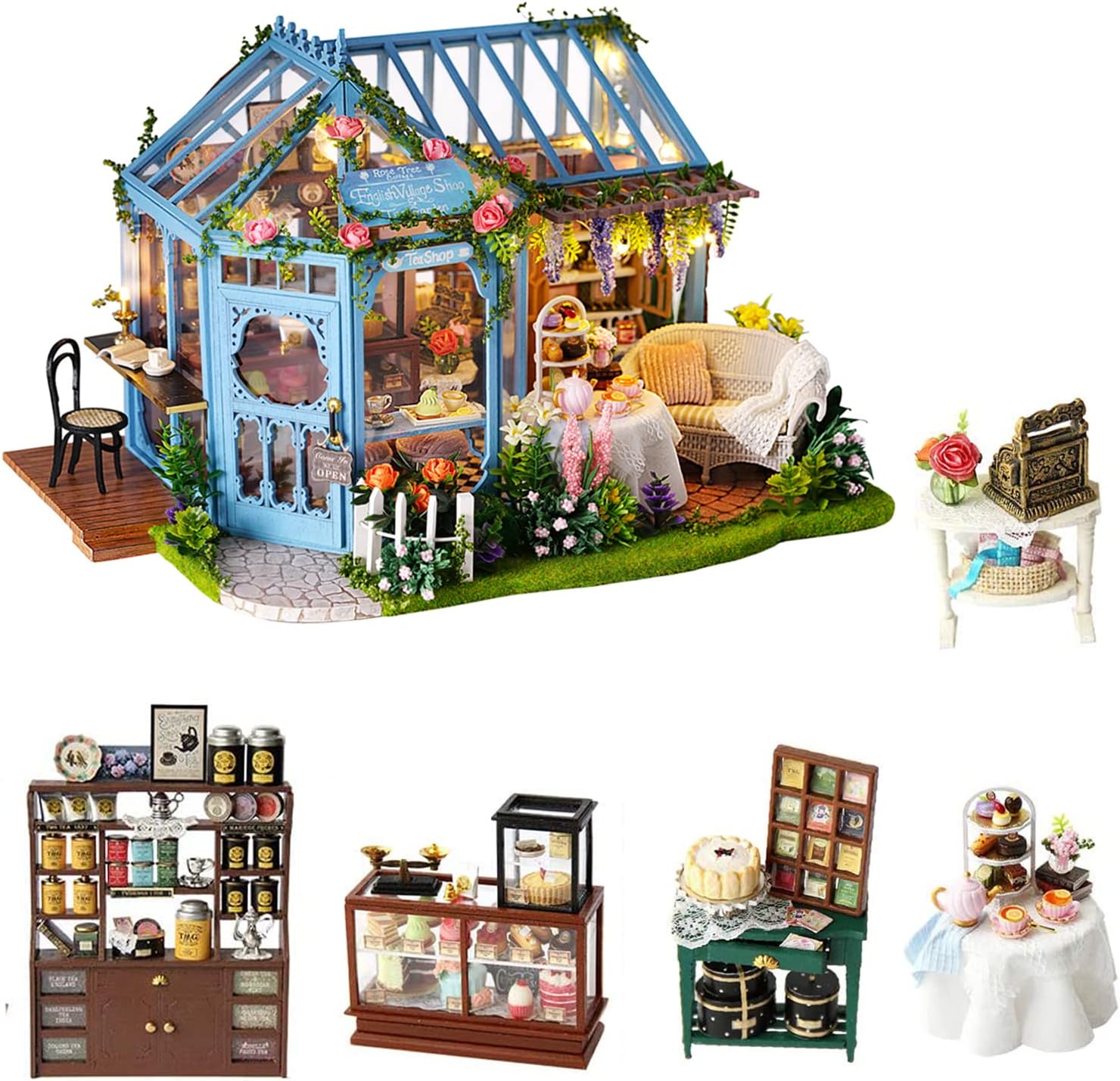 MAGQOO 3D Wooden Miniature Dollhouse with Furniture DIY Dollhouse Kit Miniature House Kit Mini House DIY House Kit Music Box and Dust Proof Included(Rose Garden Tea House)