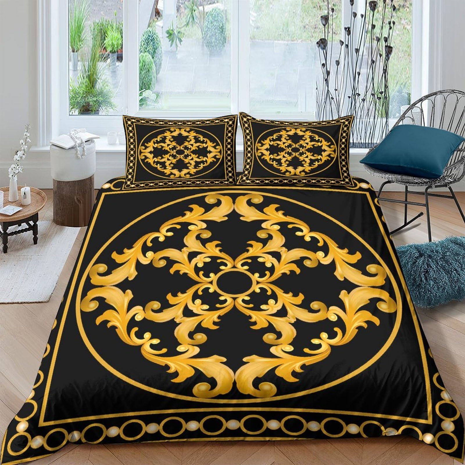 XFKLYNVCJ 3D Printed OrnateGoldDesign Duvet Cover Polyester BaroquePatternStyle Quilt Cover Stain Resistant Easy Care for Uni Student Shared Apartment Bedroom Daily Use Single（140x200cm）