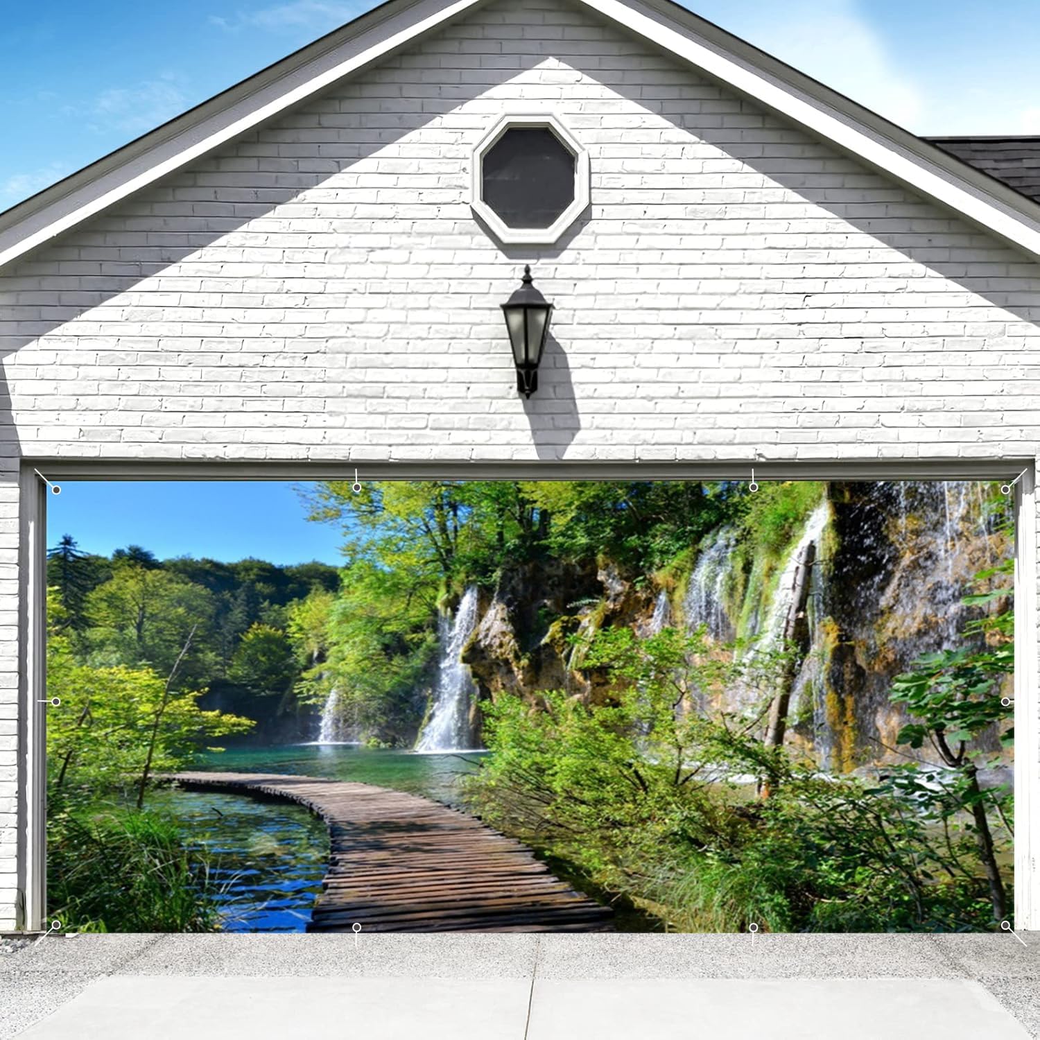 Forest Waterfall Garage Door Cover Banner Decorations Backdrop 6x13ft Large Mountain Forest Plank Road Falls Landscape Garage Door Banner Decor Camping Birthday Party Outdoor Garage Door Backdrop