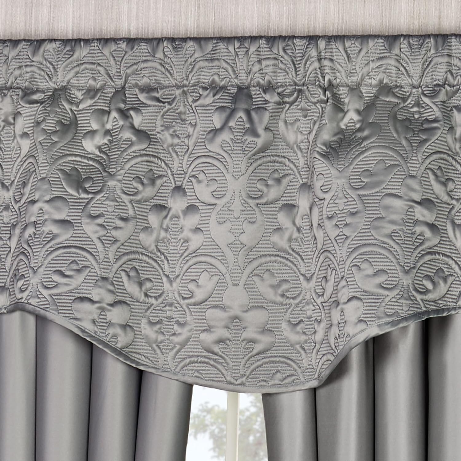 Cambridge Classic Luxury Window Treatment | Neutral Warm Gray Solid Color Polyester Satin | Elaborate Damask Quilted Scalloped Valance | Drapery Set Includes Scalloped Valance & 84L Lined Curtain Pair