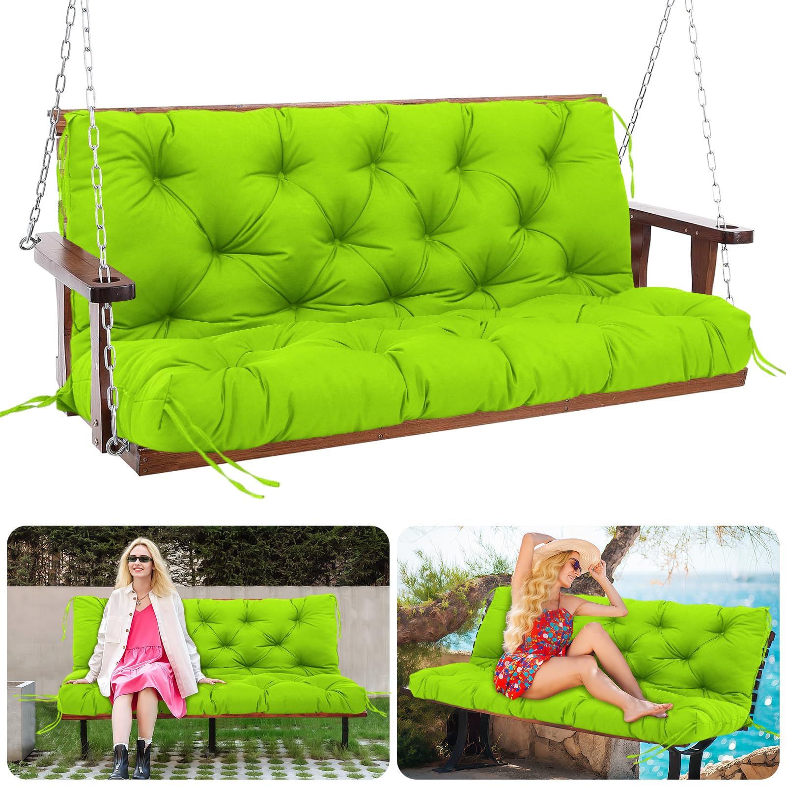 MQGHJ Garden Swing Cushions 3 Seater 12cm Thick Outdoor Bench Cushions Waterproof 150cm Swing Seat Cushions with Backrest Replacement Outdoor Swing Cushions for Patio Porch(Light Green-150x100cm)