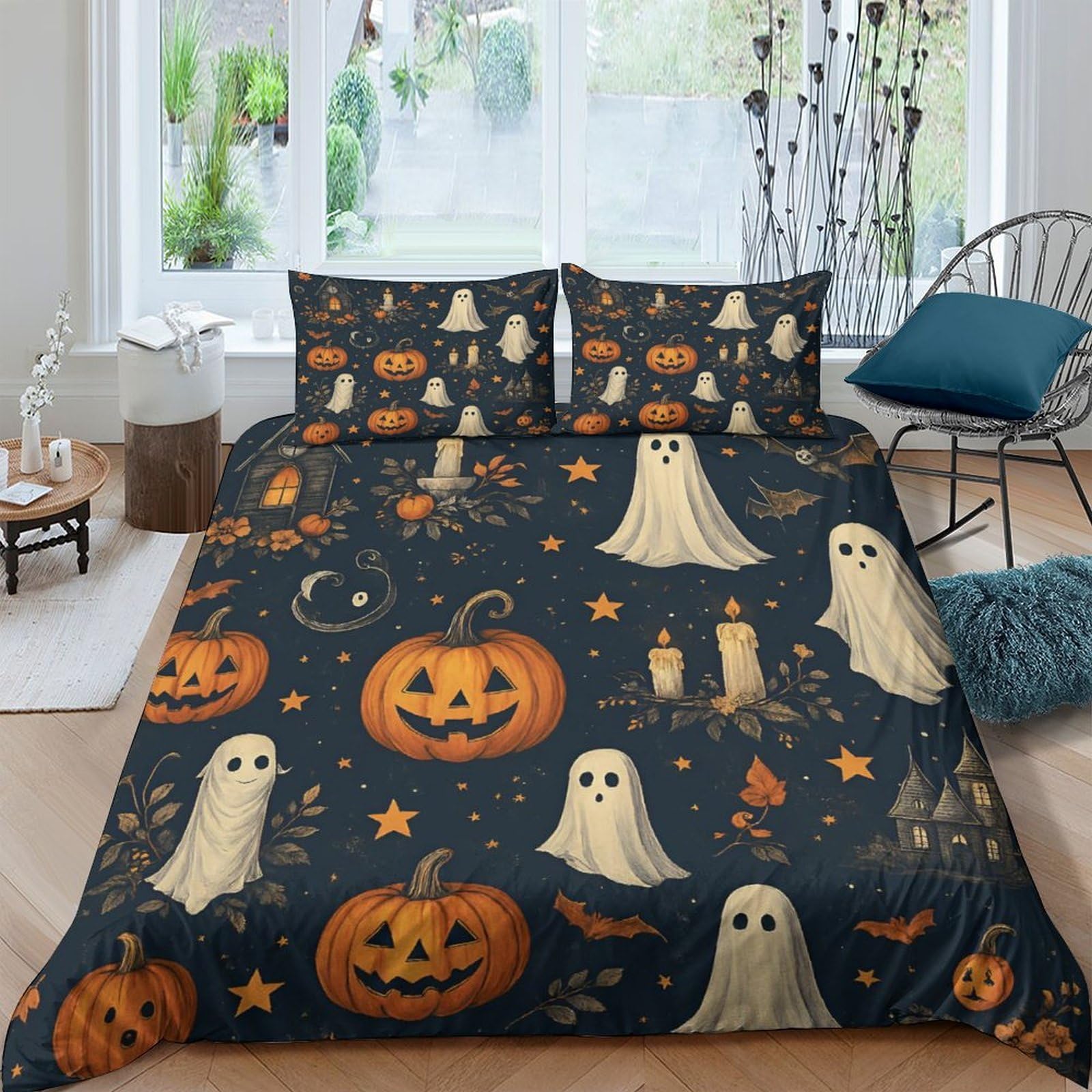 GPLZQXKJNH 3D Printed Halloween Pumpkin Ghost Duvet Cover Set Microfiber Soft Breathable Bedding with 2 Pillowcases for Bedroom Decor Single（135x200cm）