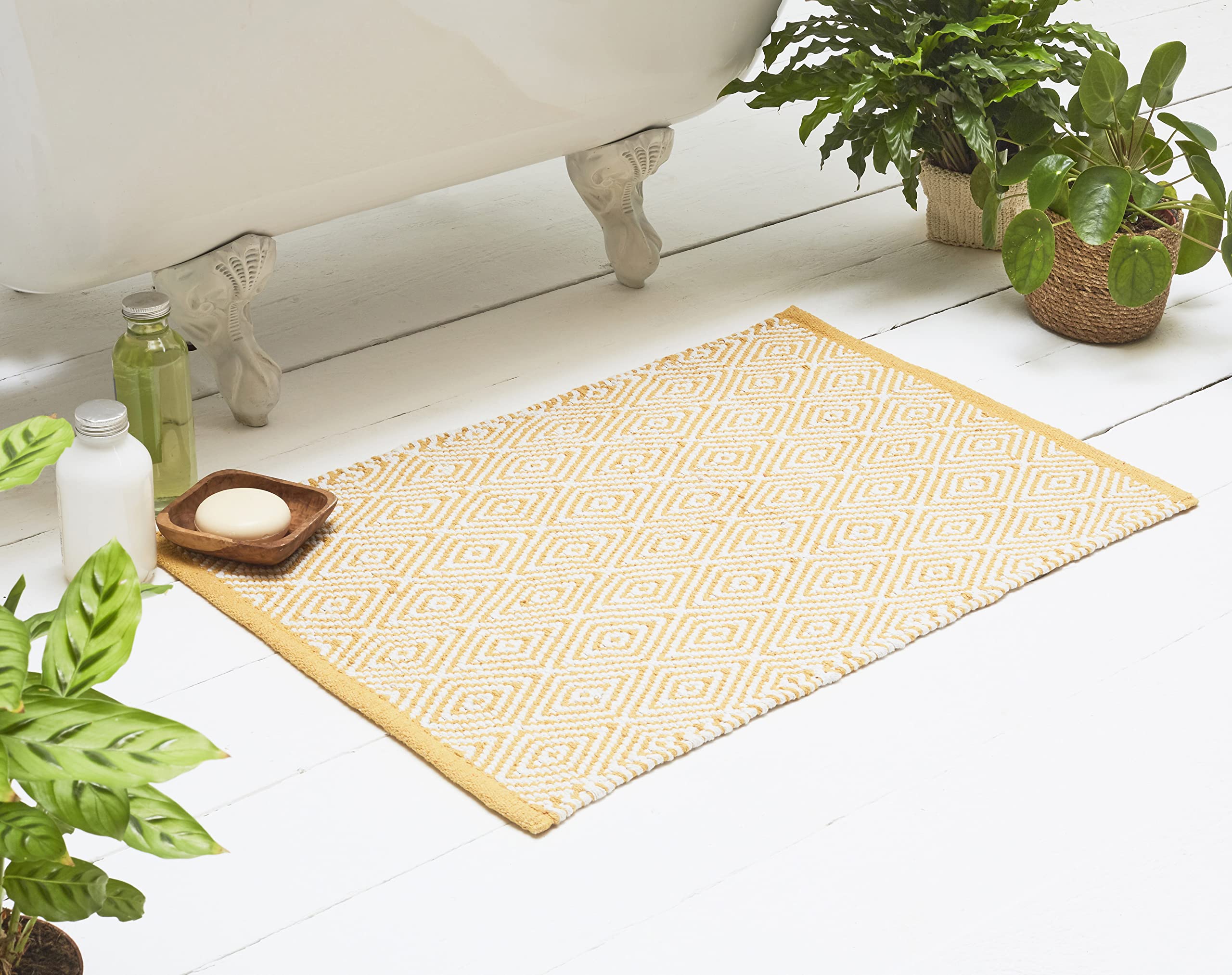 Olivia Rocco Diamond Bath Mat Recycled Cotton Shower Bathmats Soft Quick Drying Non-Slip Bottom Comfort & Safety Green Eco Friendly Textiles For The Home, Ochre 50 x 80cm