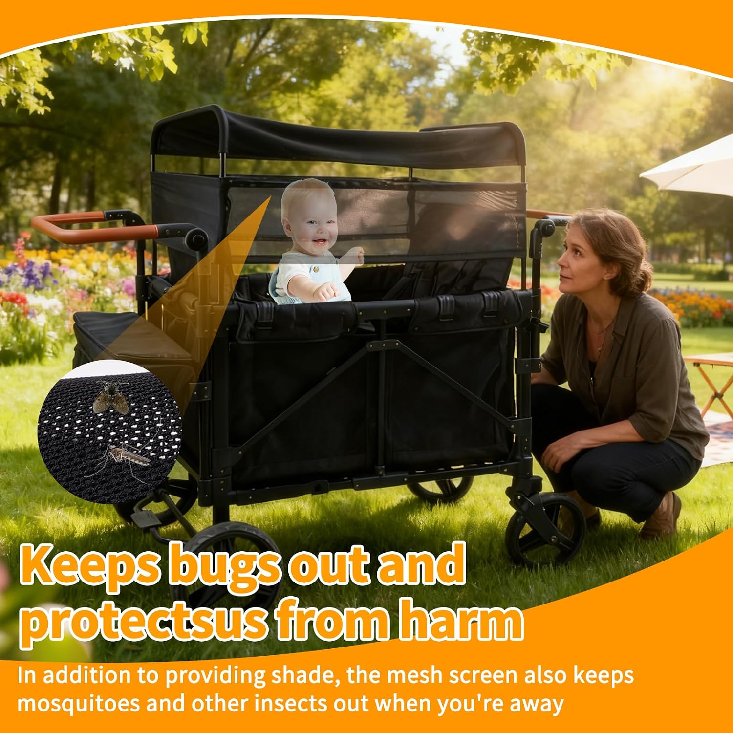 Stroller Wagon Sunshade Net for Wonderfold W4 Stroller, 4-Sided Lightweight Elastic Mesh Sunshade Fence, Lightweight Mesh Sunshade Net,Not Obstructing Vision, 32.25″ × 22.25″×8″ (Black)