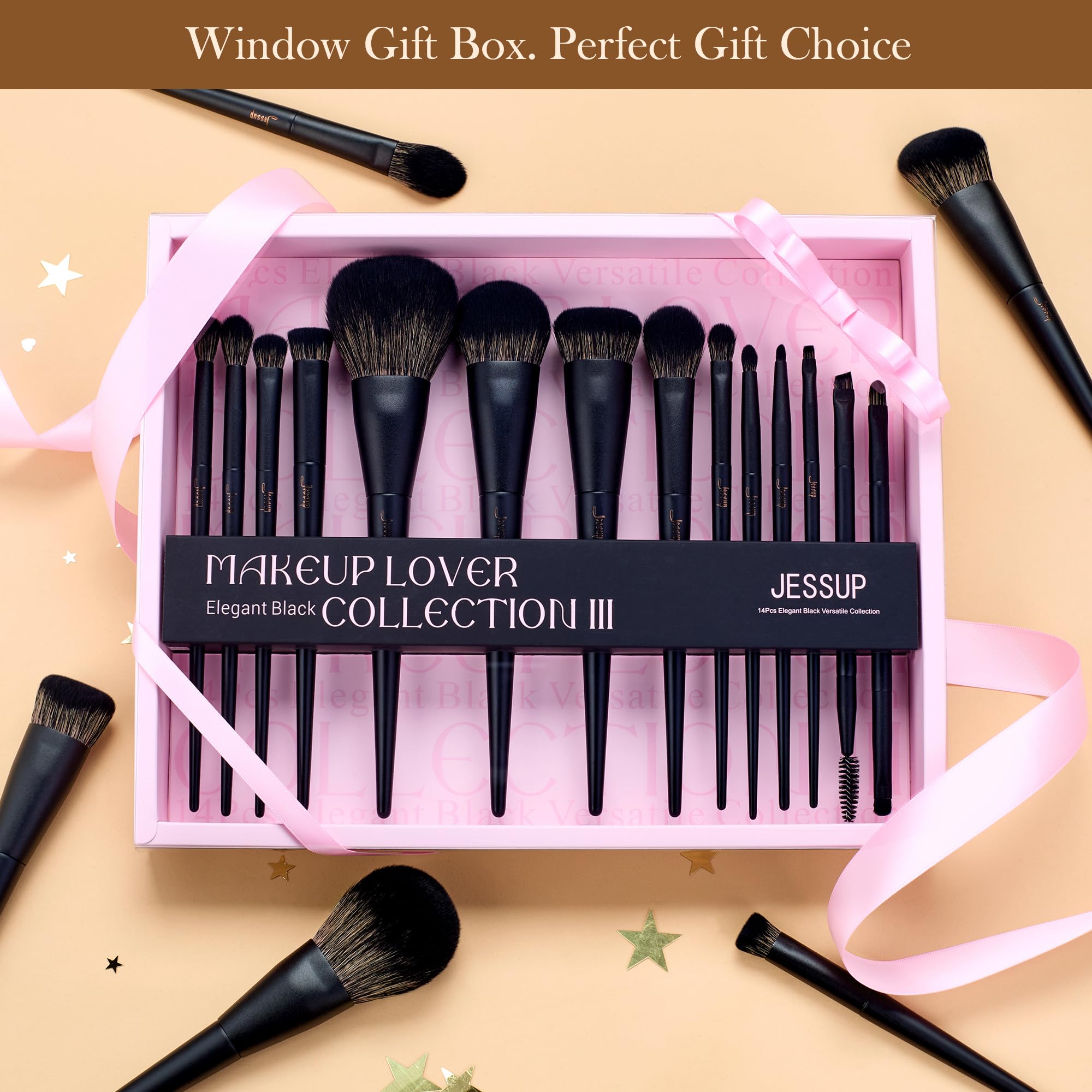 Jessup Black Makeup Brushes 14Pcs Make up Brushes Gift Set for Women Kabuki Foundation Eyeshadow Contour Concealer Powder Eyeliner Crease Eyebrow Blending Brush Set Gift for Female,T336-G - Image 2
