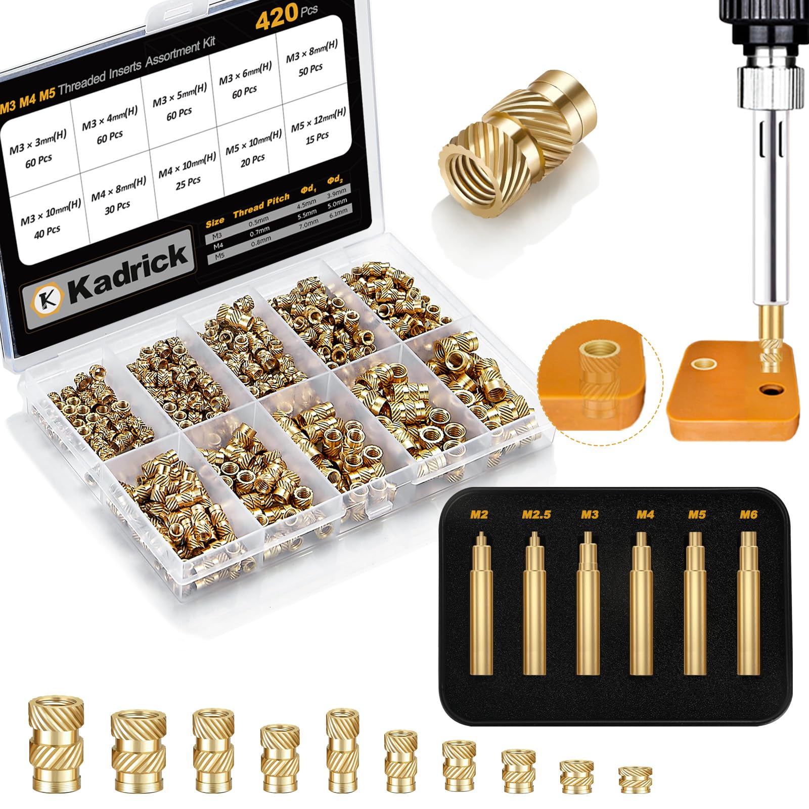 Kadrick 420Pcs M3 M4 M5 Threaded Inserts Assortment Kit + Heat Set