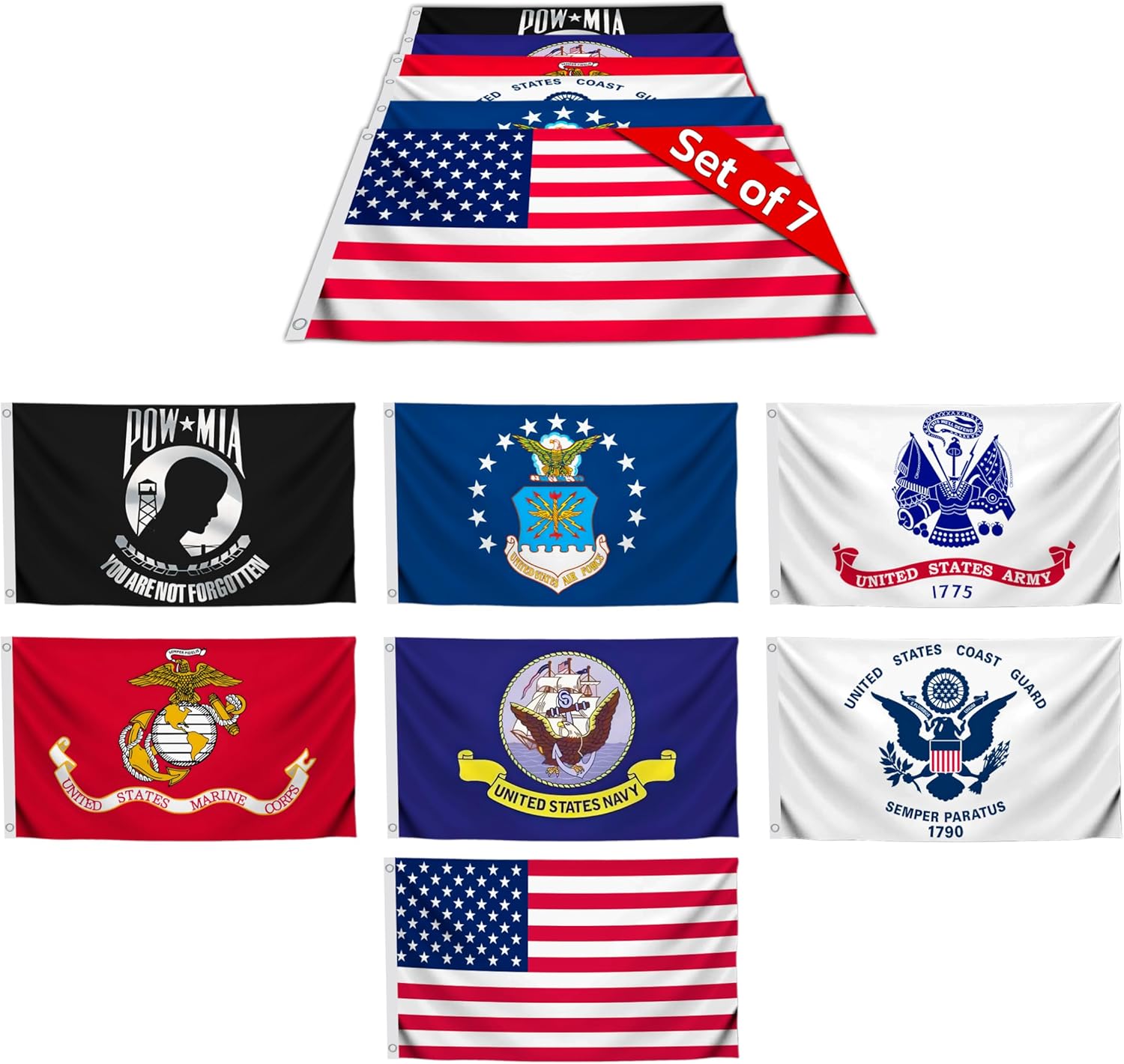 3x5 Feet Set of 7 US Military Flags with 2 Brass Grommets - Air Force Navy USA Coast Guard Marine Corps Army Veteran Banner Flag with Good Value Polyester - Heavy Duty Outdoor Home Decor