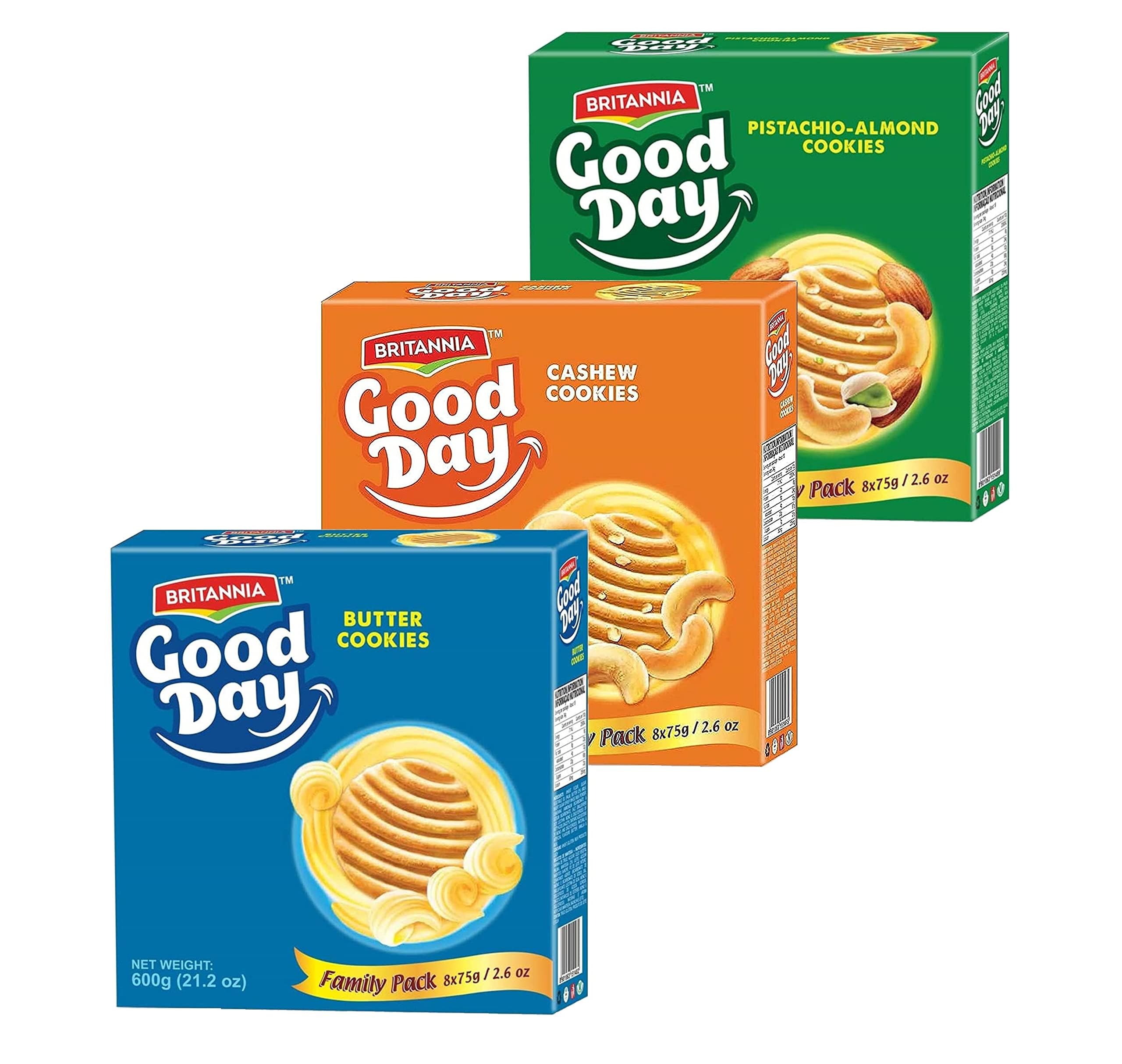Good Day Pistachio/Almond, Cashew & Butter 21.2oz (600g) Combo Pack - Breakfast & Tea Time Snacks (Pack of 1 Each)