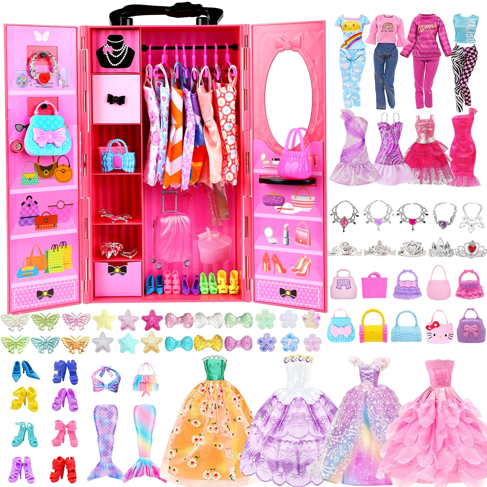 ZNTWEI 98 Pcs Doll Clothes and Accessories with Closet Wardrobe DIY Playset for 11.5 Inch Doll Including Wedding Dress Fashion Dress Casual wear Swimsuit Shoes Hangers Necklace Bags