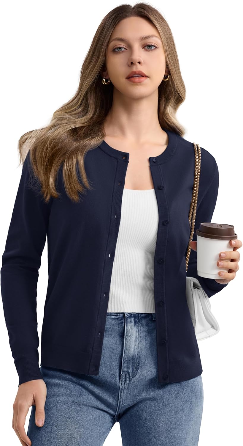 YUCOLEN Women's Cardigans Sweater Lightweight Button Down Crew Neck Long Sleeve Soft Knit Casual Cardigan - Image 2