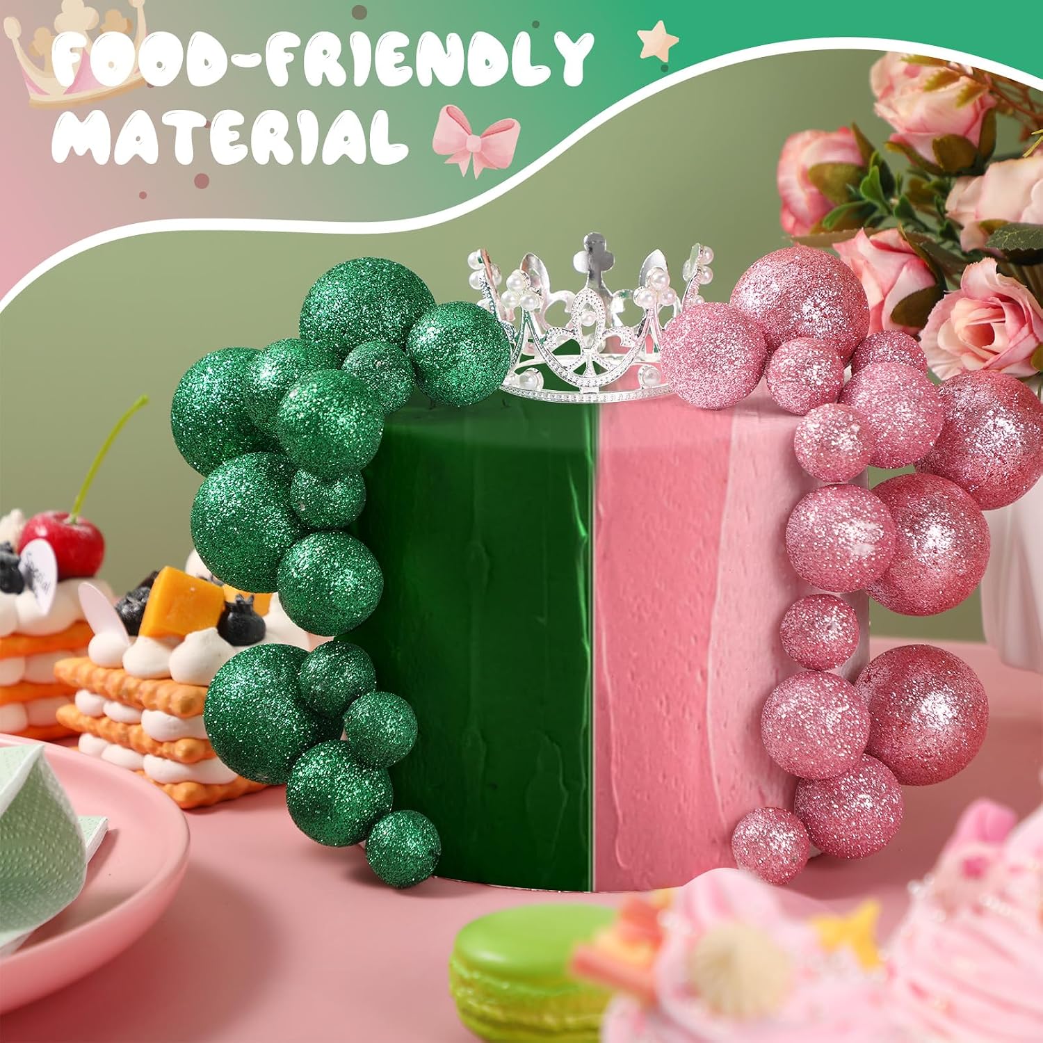 Sureio 31 Pcs Witch Theme Party Supplies Glitter Silver Crown Cake Topper Pink and Green Glitter Balloons Cake Decoration Balls for Pink and Green Party Decor Birthday Halloween Decor image 2