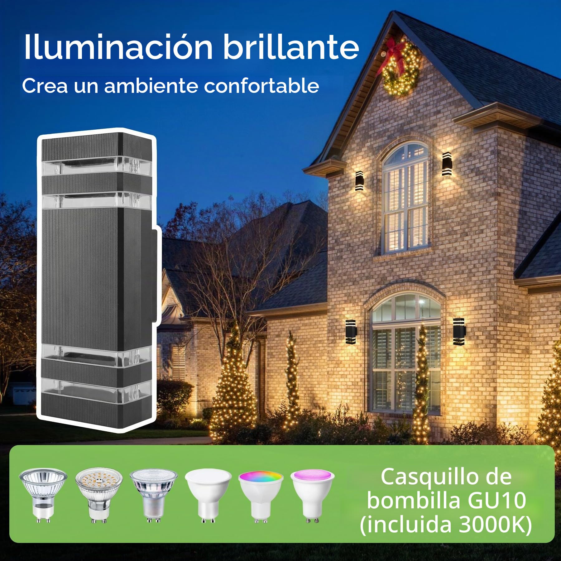 CANMEIJIA Aplique pared Exterior, luces de pared para exteriores IP65, impermeables, luces exteriores, luz de porche, lámpara de puerta delantera, moderna, aluminio negro, 3000K, incluye 4 * 6 W GU10