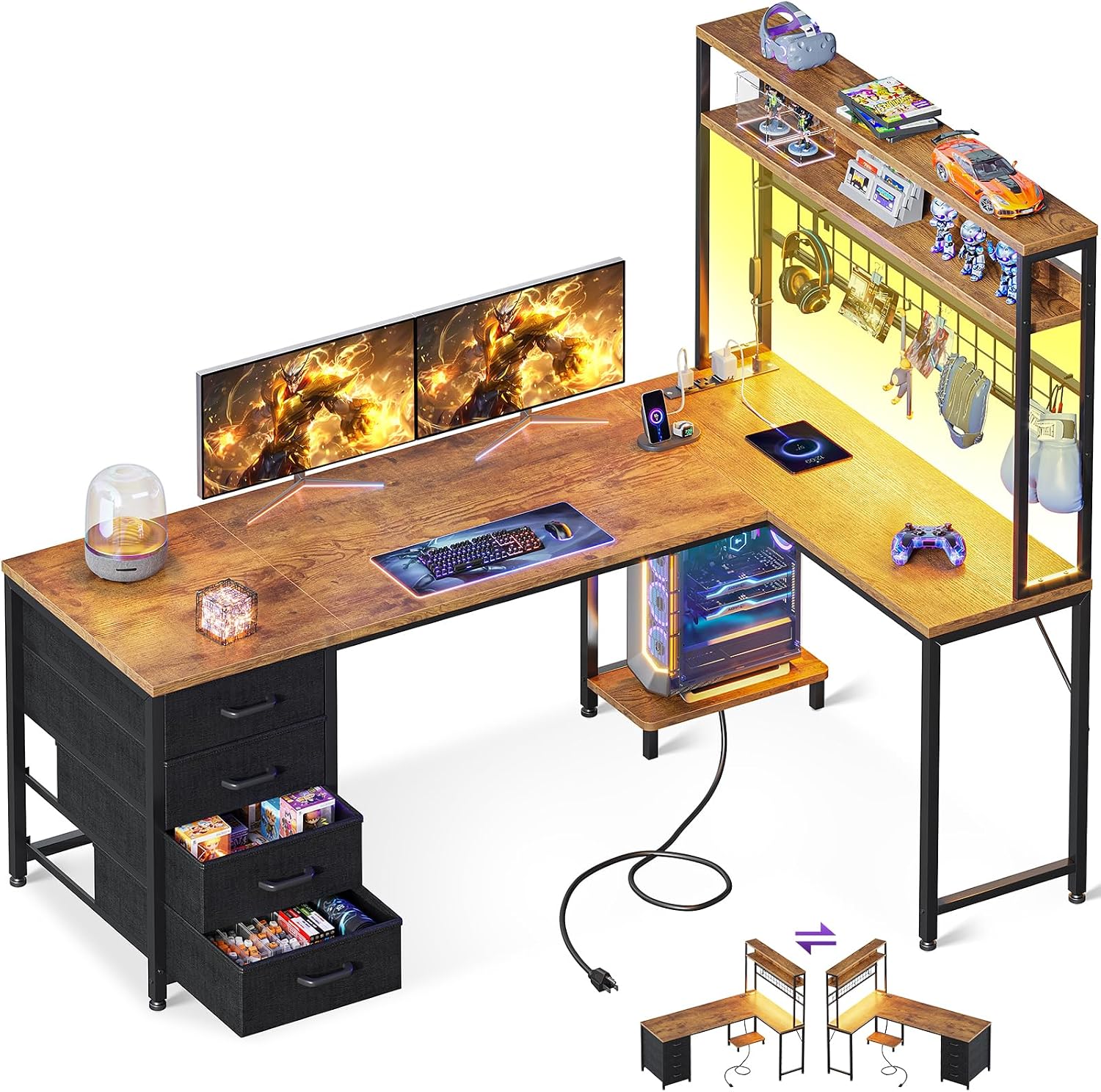 AODK L Shaped Gaming Desk with Hutch, 59″ Computer Desk with 4 Drawers & Storage Shelves, Reversible Corner Desk with LED Light & Power Outlets, Gamer Table for for Home Office, Vintage