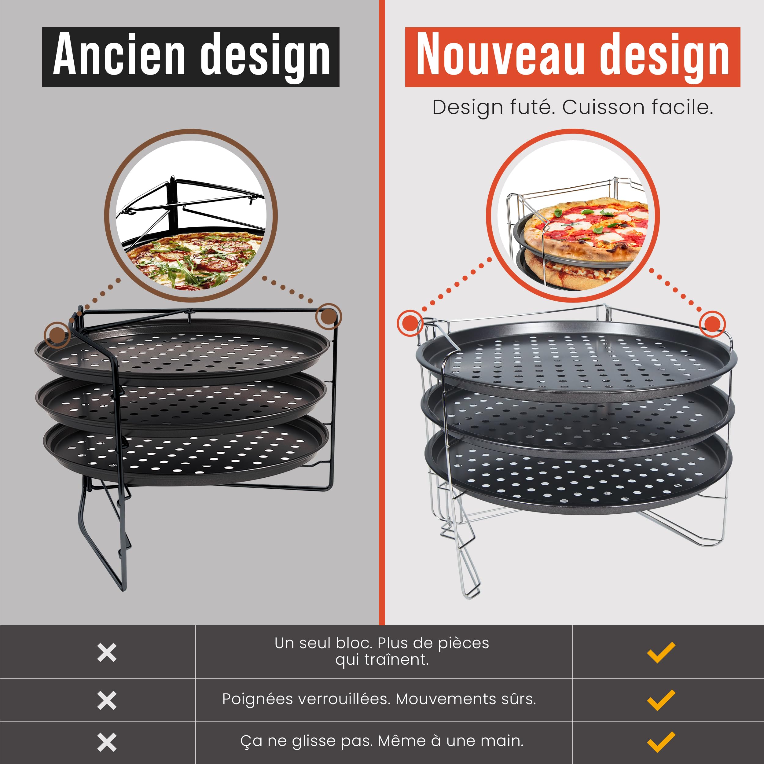 Chef Pomodoro Plaques à Pizza Antiadhésifs - Ensemble De Cuisson à Pizza Avec 3 Poêlles à Pizza Et 1 Grille de Support Pizza Four - Assiette Pizza Inox Pour Four, Grill, Barbecue (33 cm)