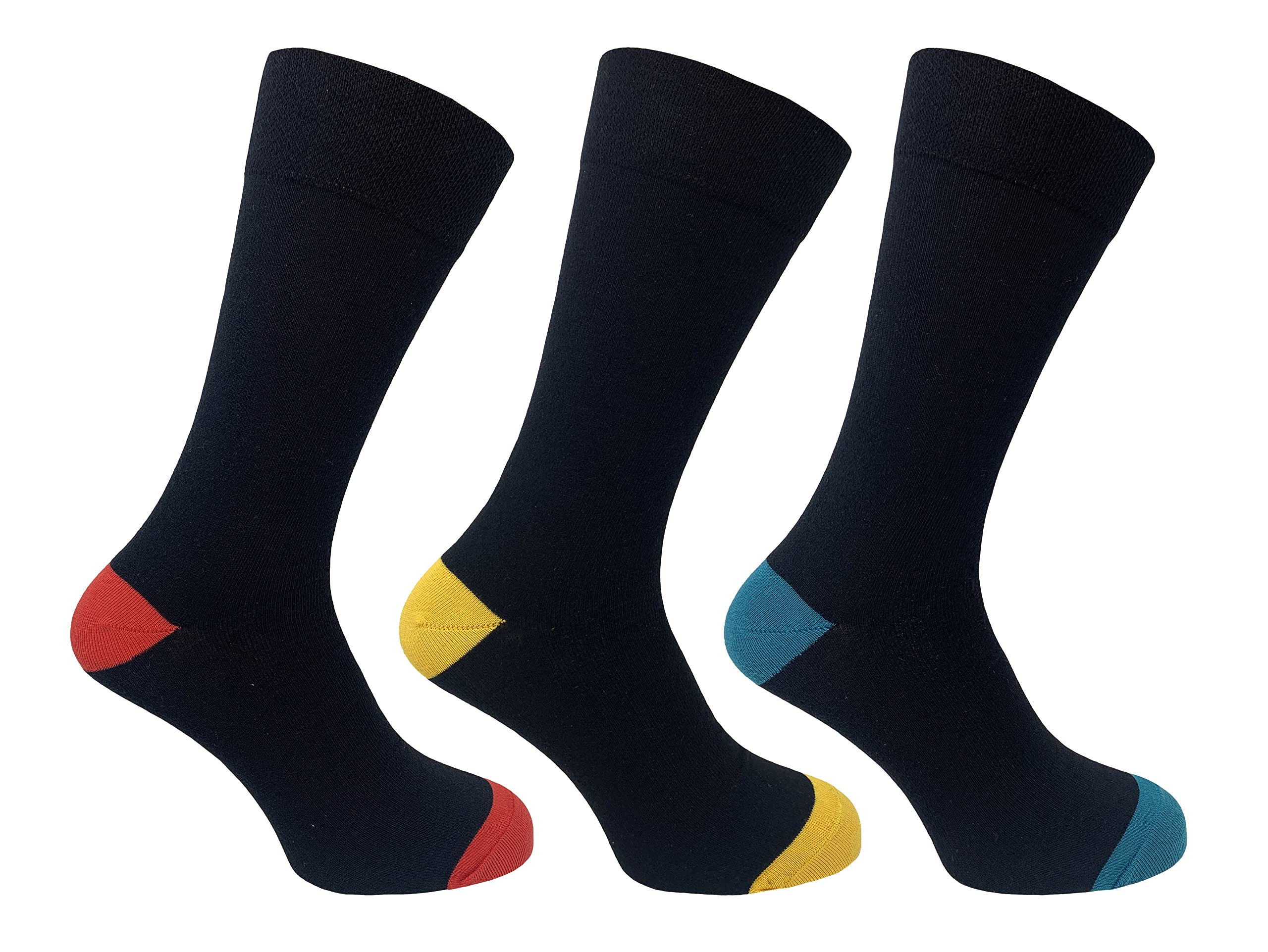 Flexitop Men's Black - Socks With Coloured Heel And Toe | 3 Pairs | U.k. Size 6-11 | Socks, Soft Hold, Comfort, Soft Grip Socks
