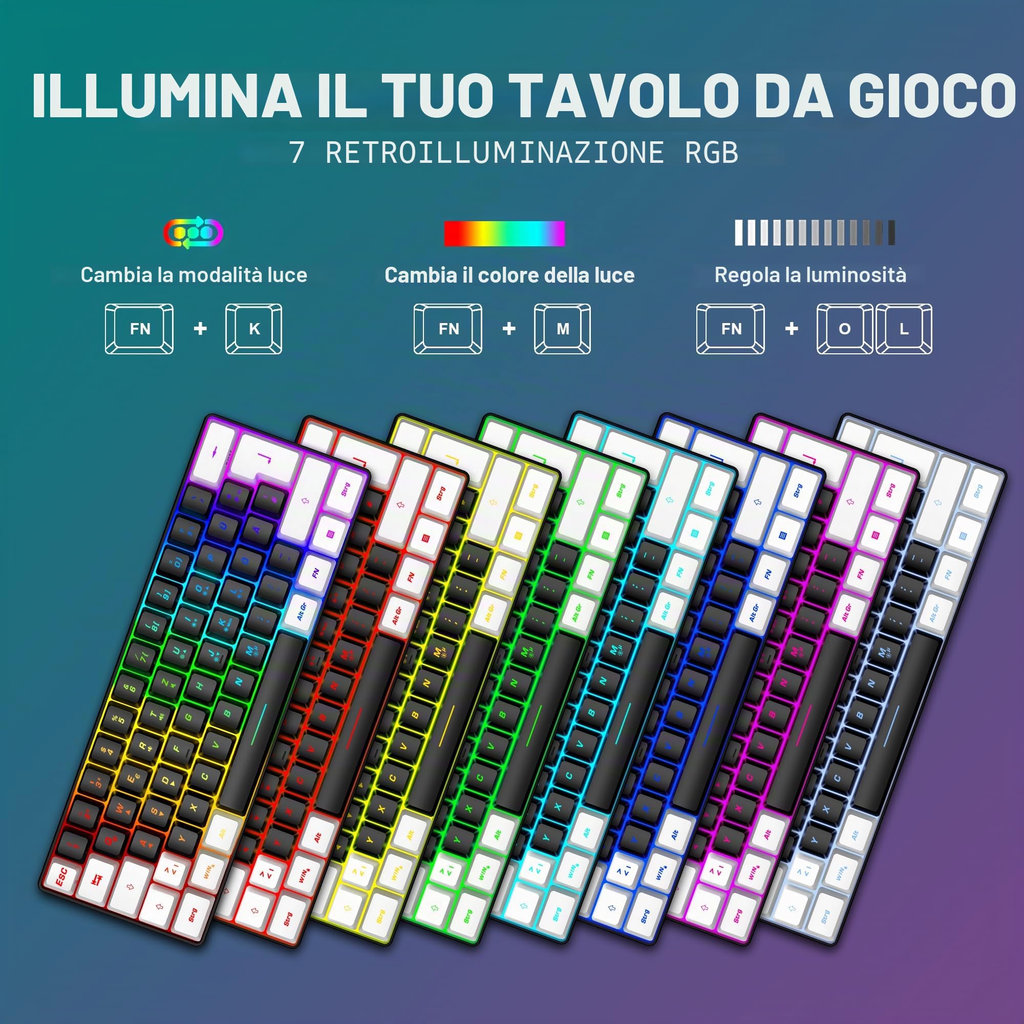 RedThunder 60% RGB, set tastiera-mouse gaming, mini tastiera, 62 tasti, layout tedesco, 7200 DPI, struttura a nido d'ape per PC, MAC, PS5, Xbox (bianco e nero)