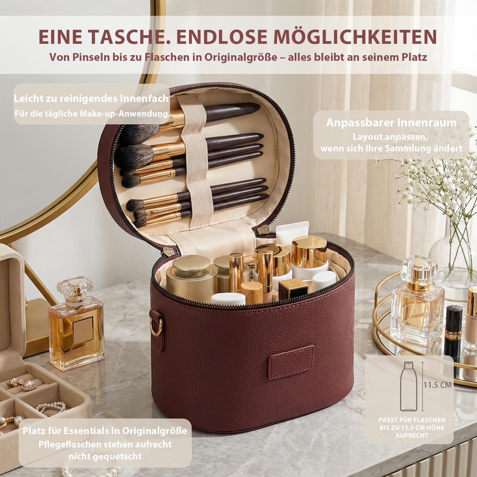 Kosmetiktasche Damen, Make Up Tasche für Frauen – Leder Vanity Case mit herausnehmbarer Trennwand, Waschbare Fächer