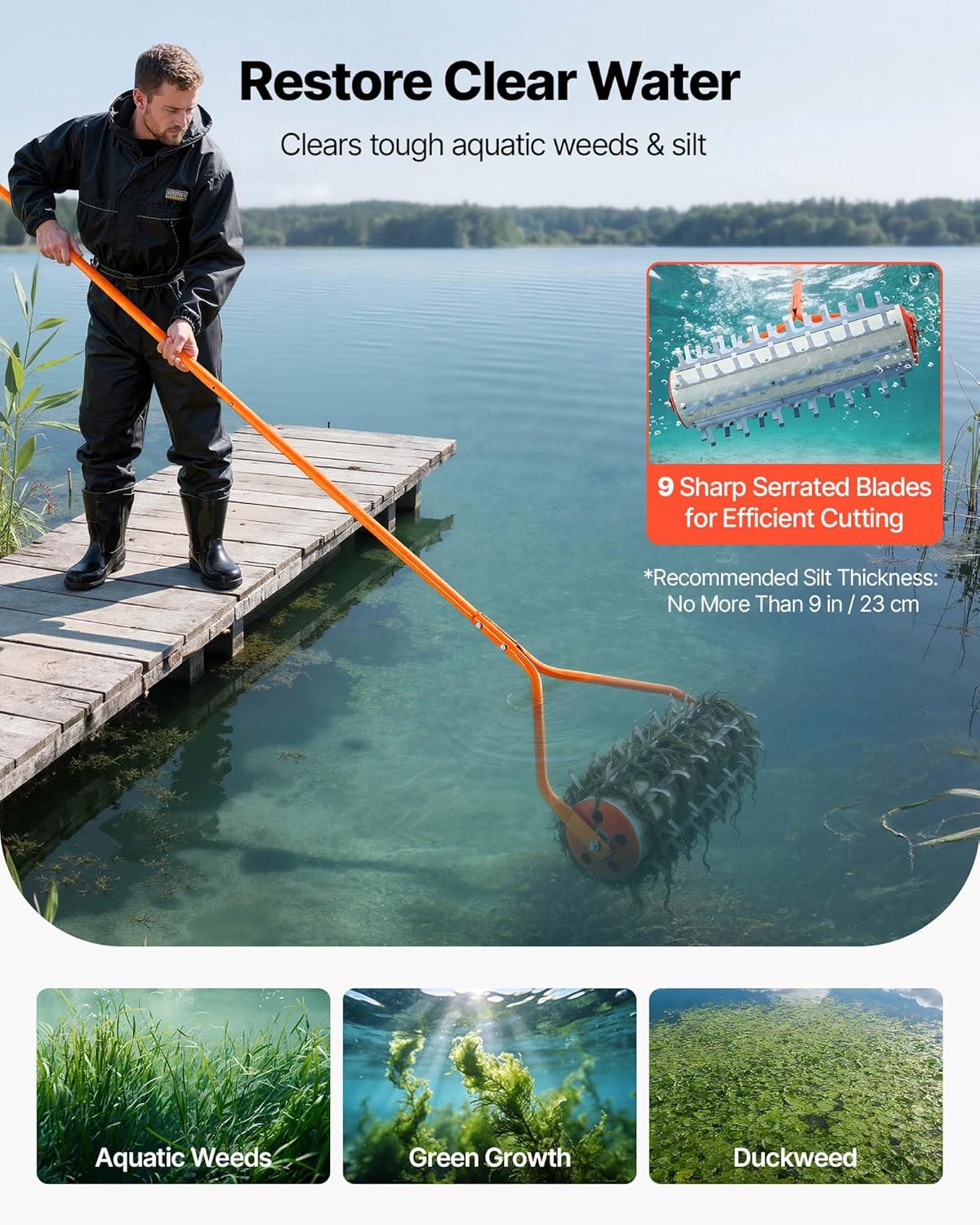 VEVOR Lake Weed Roller, 12 ft Lake & Pond Weed Removal Tool, Muck Razer Aquatic & Sludge Tiller, Rid Roots and Muck Buildup, 9 Preassembled Galvanized Iron Blades, 3 Aluminum Handles, Easy Assembly