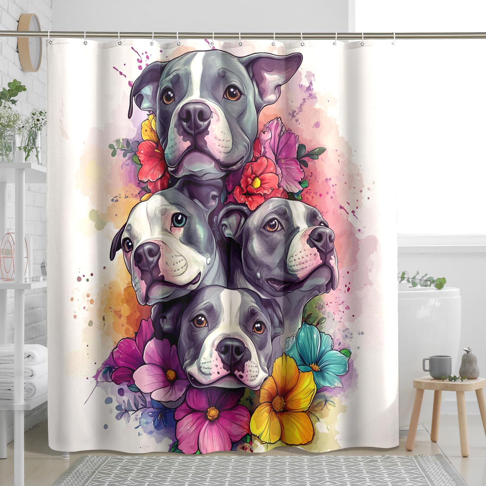 Spring Funny Pitbull Dog Shower Curtain Set 72 Inch with Hooks, Fun Flower Floral Bathroom Decor, Pet Puppy Printed Pattern Bath Accessories