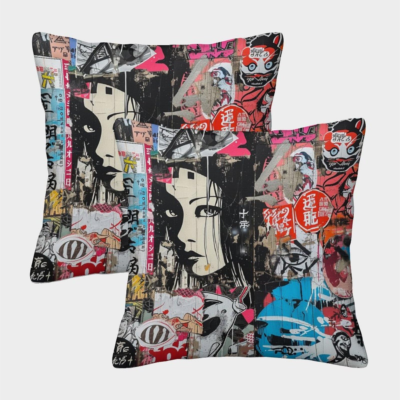 Qfvansiyo Style-8 Japanese Graffiti With Invisible Zipper Pack Of 2 Washable Cushion Cover Decorative Pillow Cases For Sofa Couch Bedroom With Invisible Zipper 45X45cm