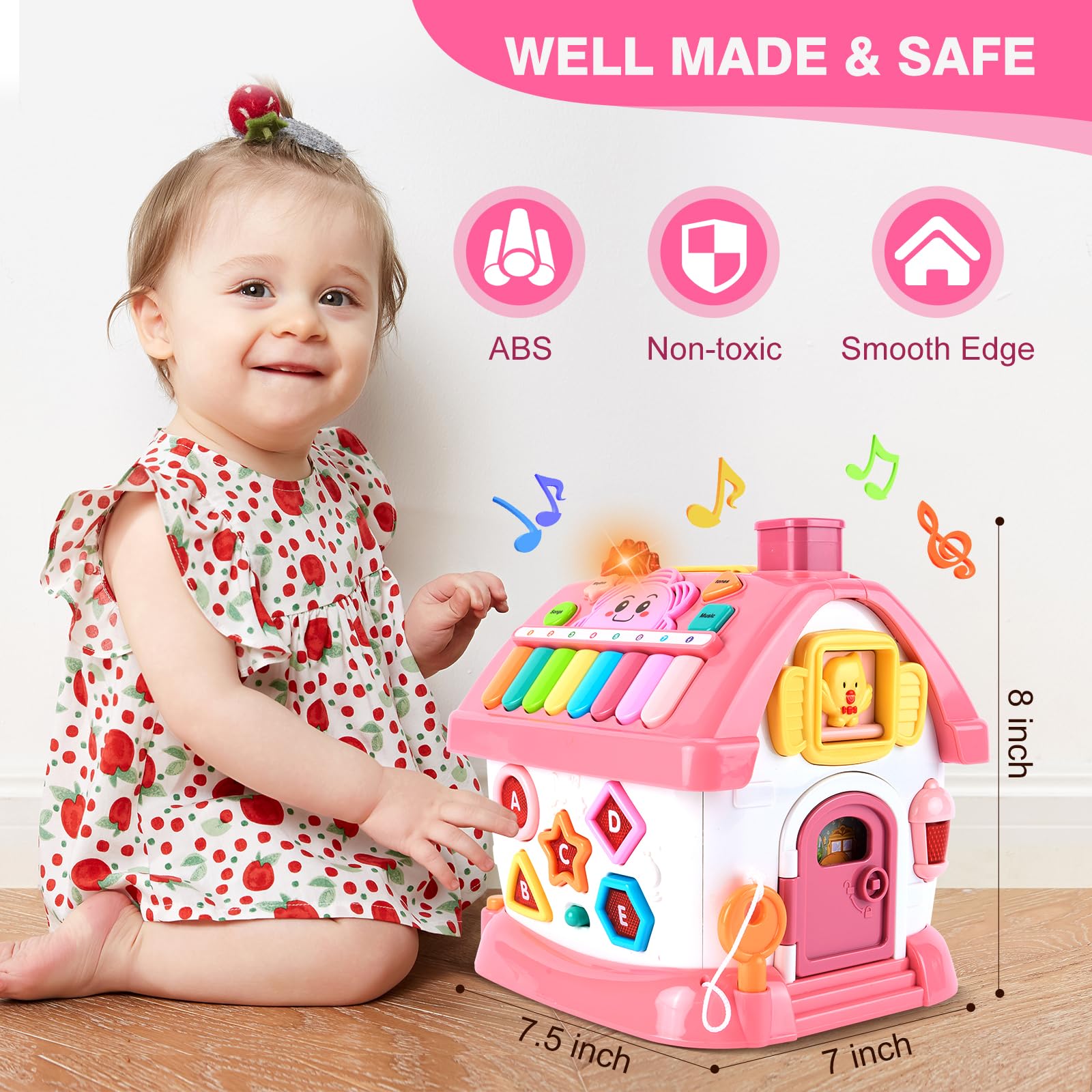 Juguetes Montessori para niñas de 1 año, regalo de cumpleaños para niña de 1 año, casa de aprendizaje musical rosa 8 en 1 con música ligera y sonora, regalos creativos para bebés de 12 a 18 2