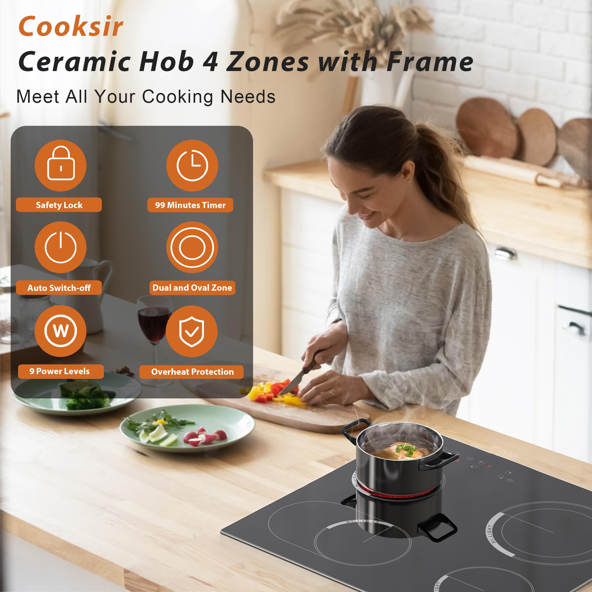 Electric Hob 60cm, Ceramic Hob 4 Ring 6700W, Electric Hob 4 Zone with Expandable Dual and Oval Zone, Built-in Hob with Frame, Timer, Safety Lock, 220-240V(No Plug) — view 2