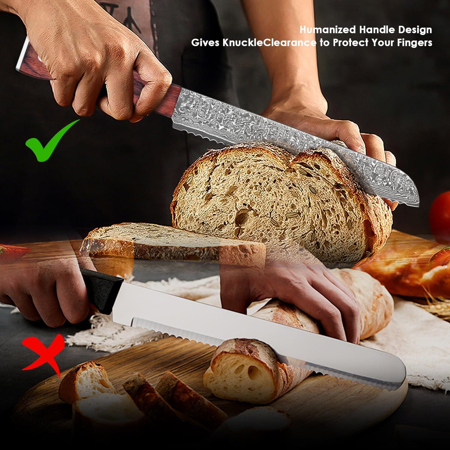 COOKLET'S Bread Knife, Professional VG10 Damascus High Carbon Stainless Steel Bread Cutting Knife, 8 Inch Serrated Cake Knife Bread Cutter, G10 Ergonomic Color Wooden Handle with Gift Box