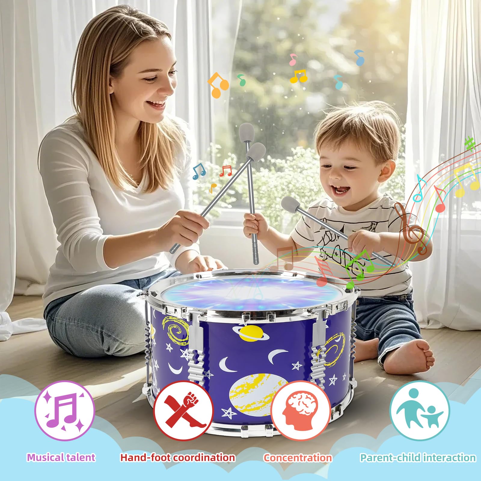Bateria Infantil Musicales Niños con Luces y Kit de Tambores, Jazz Tambores con Taburete, Instrumentos Educativos para Niños 2-6 Años