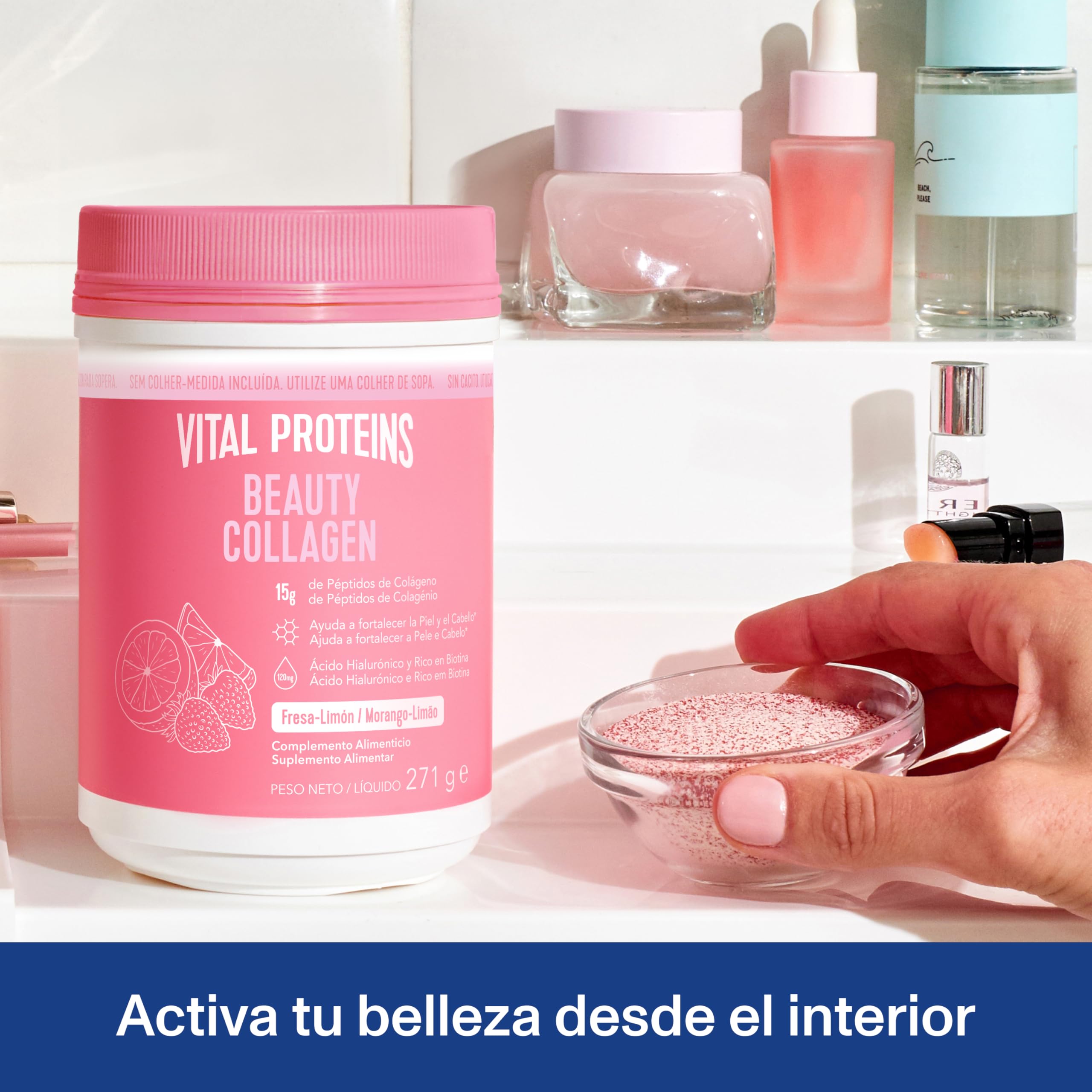 Vital Proteins Beauty Collagen en Polvo 271 g, Péptidos de Colágeno Hidrolizado, Ácido Hialurónico, Rico en Biotina. Suplemento alimenticio para la Piel, Cabello y Uñas. Sabor Fresa-Limón.