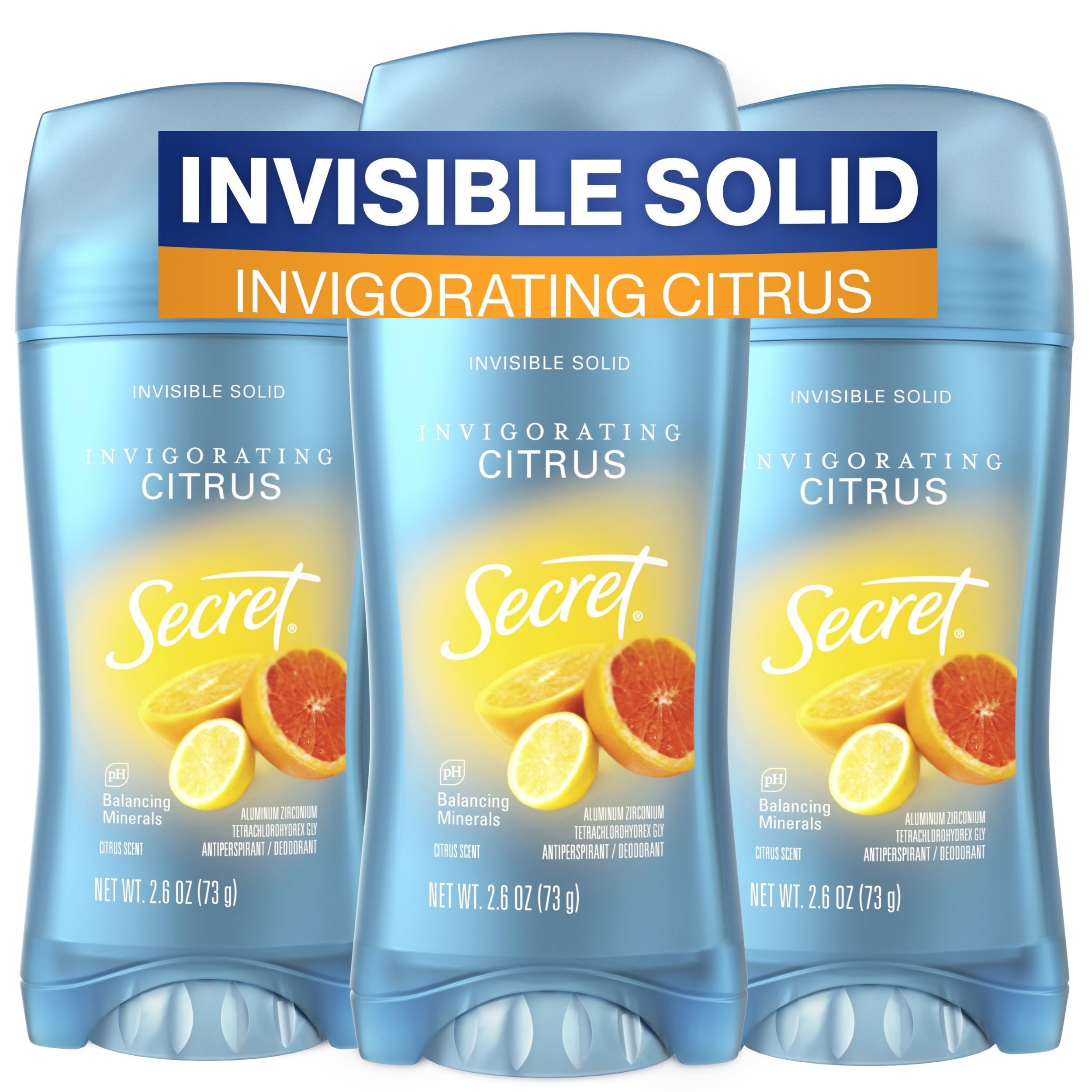 Secret Fresh Antiperspirant Deodorant for Women, 72hr Breathable Sweat & Odor Protection, Instant Freshness & Gentle, PH Balance Mineral, Invisible Solid, Invigorating Citrus Scent, 2.6 oz (Pack of 3)