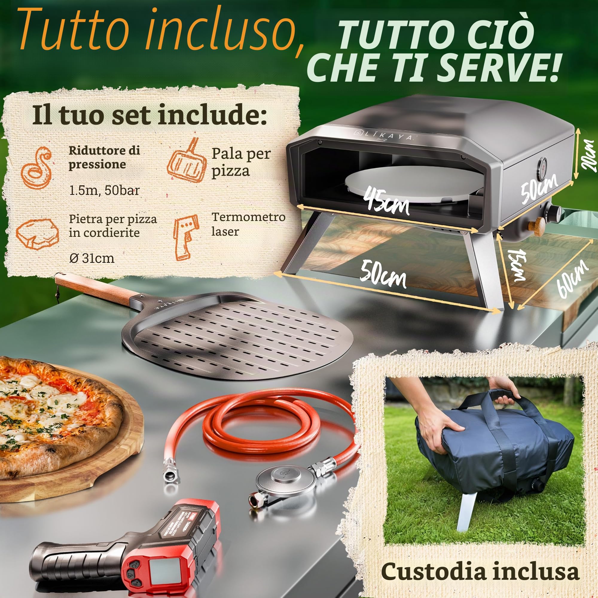 LIKAYA NeroSpin - Forno per pizza a gas, 6,2 kW, per esterni, 450 °C, con pietra per pizza, piatto girevole, pala per pizza, borsa e termometro laser, per pizza croccante in soli 90 secondi