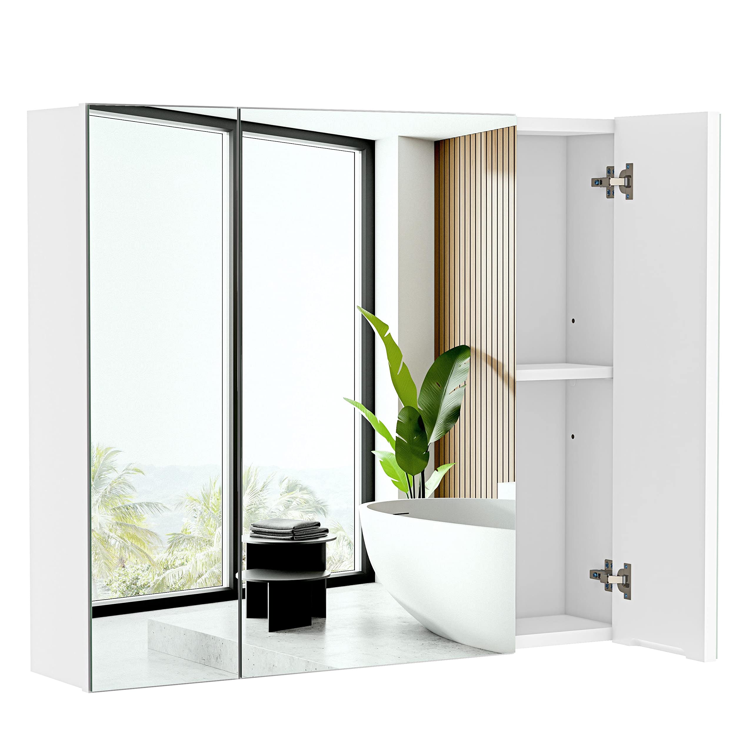 Yaheetech Armoire Murale Salle de Bain, Placard de Rangement Toilettes, avec 3 Portes 3 Miroirs, 2 Niveaux, Étagère Hauteur Réglable 70,5 x 15 x 60,5cm