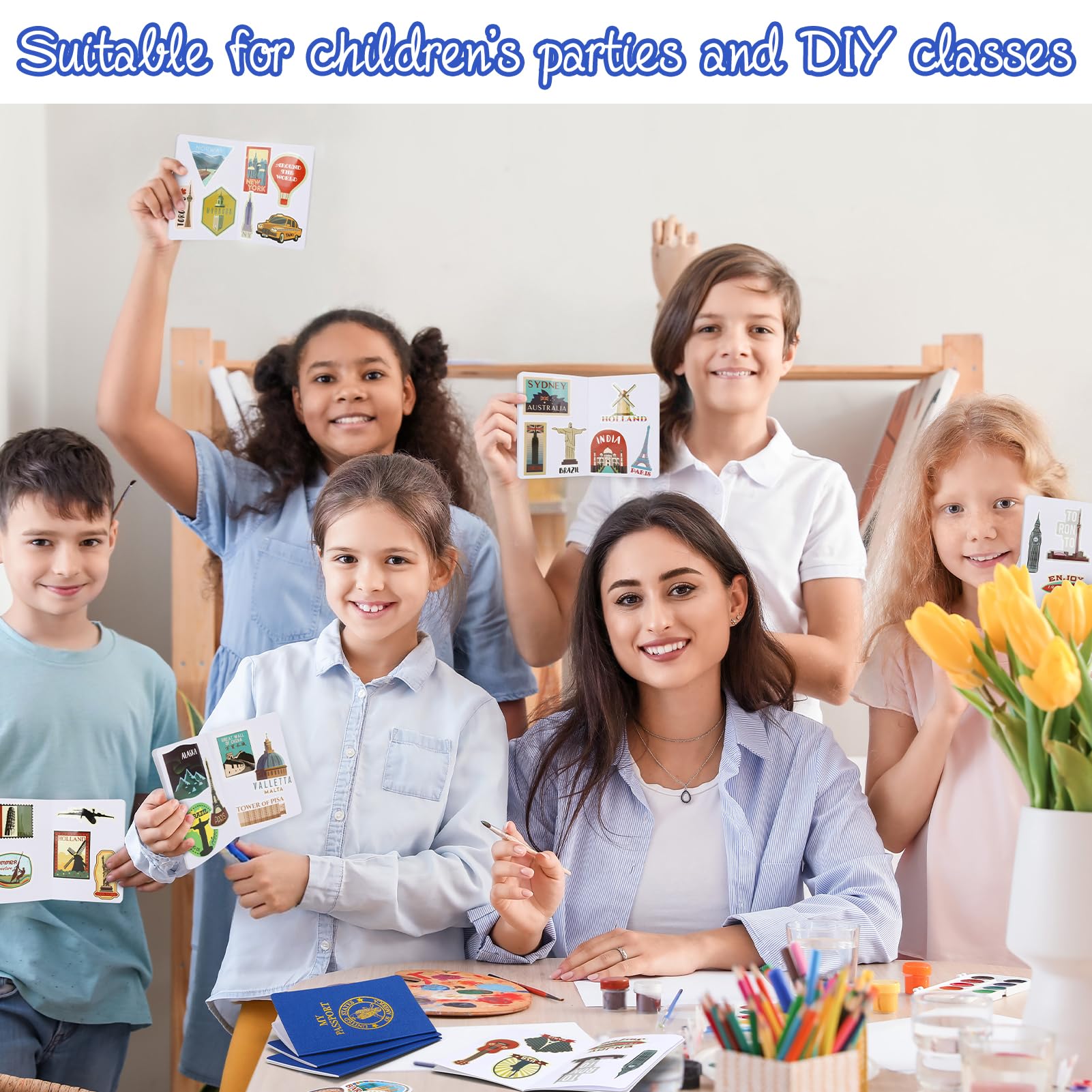 40 quaderni vuoti per passaporto, 400 adesivi per diario di viaggio, passaporto finto per bambini, 14 x 9 cm, bomboniere per bambini, scuola, viaggi, giochi, premi
