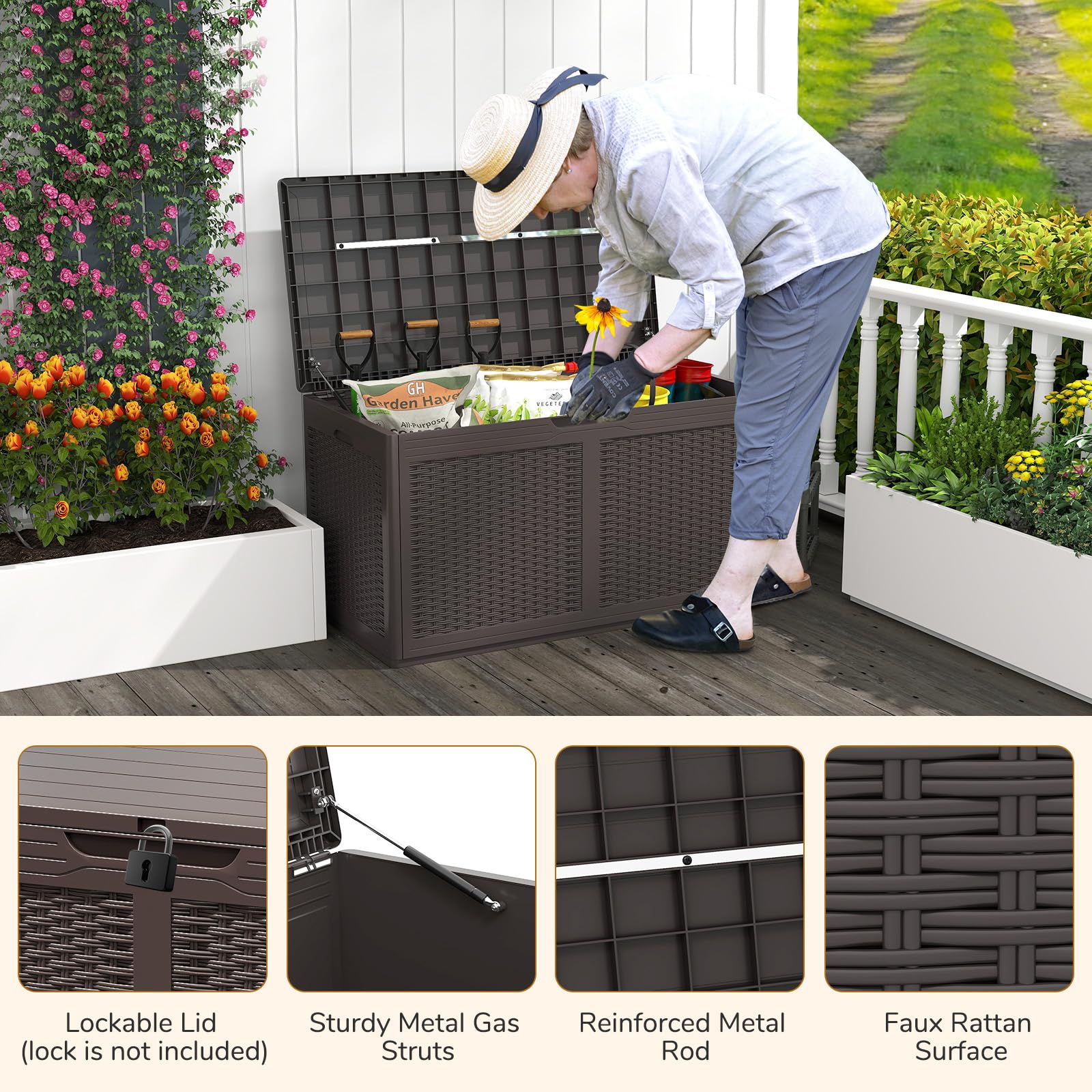 RELAX4LIFE 380L Cassapanca da Esterno, Contenitore da Patio Chiudibile a Chiave con 2 Ruote, Superficie in Finto Rattan, in Resina Impermeabile per Cuscini, Attrezzi (MARRONE)