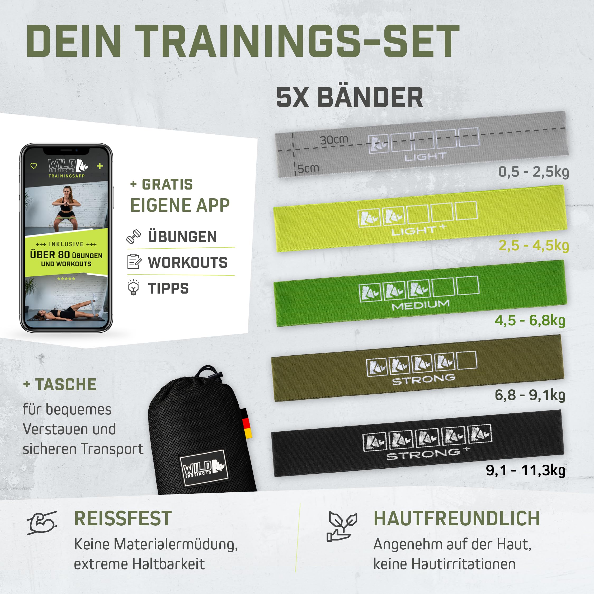 Wild Instincts Loop Bands Set aus Stoff - Mini Bands Stoff für Krafttraining - Fitnessbänder Stoff - Mini Resistance Band - Miniband Fitness - Stretch Band Fitness mit WebApp