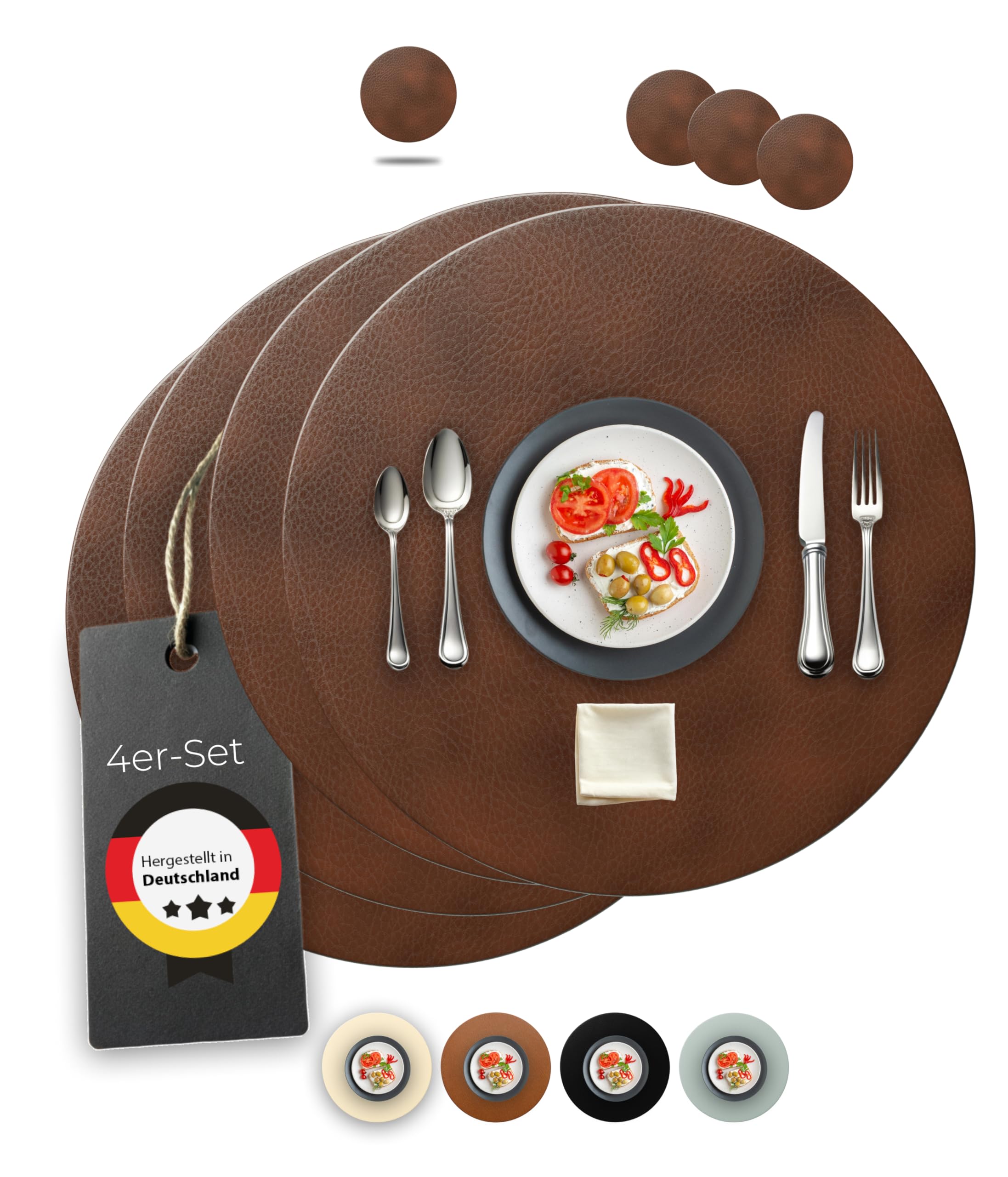 Juego de 4 manteles individuales lavables – Sostenibles, estables y antideslizantes – Cuero reciclado noble fabricado en Alemania (redondo, marrón oscuro)