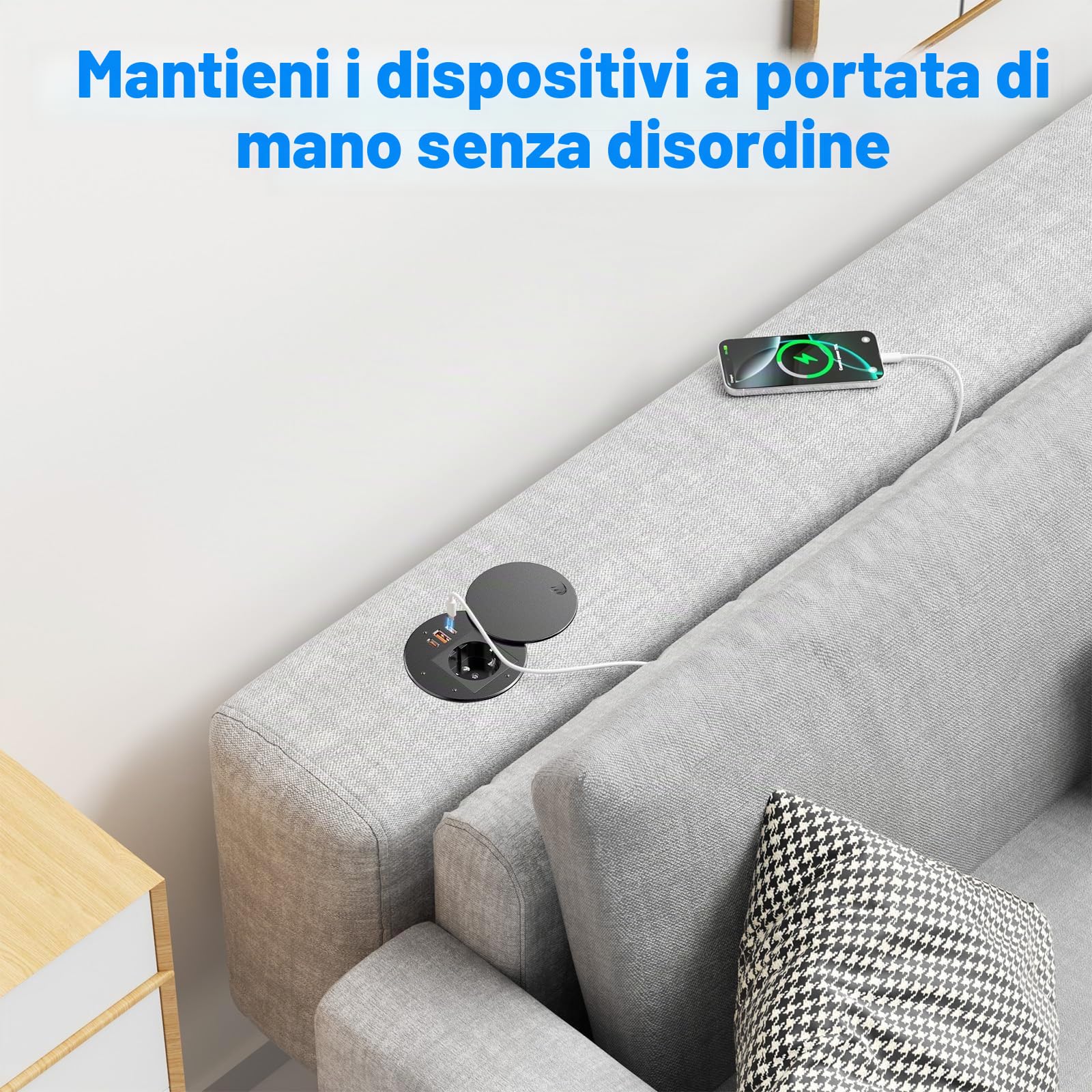 Presa da incasso con USB-C PD35W e USB-A 30W, presa da tavolo Sewingvr con coperchio, presa a scomparsa con 3 USB, cavo da 1,8 m, colore nero