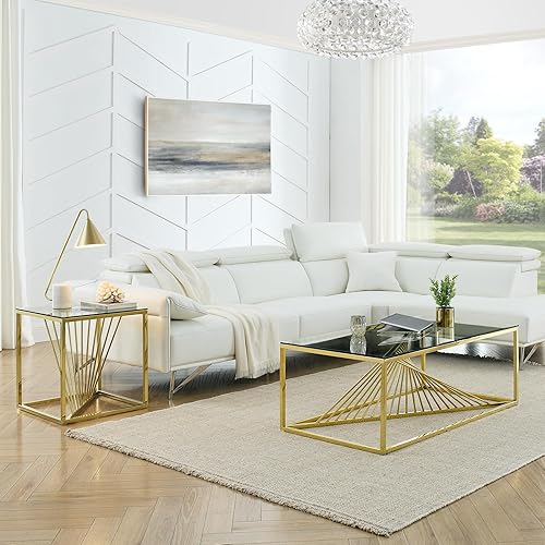 Miniatura 2 de Yoluckea Mesa auxiliar cuadrada de vidrio de 20 pulgadas, moderna mesa auxiliar de vidrio templado de lujo con patas de acero inoxidable con espejo