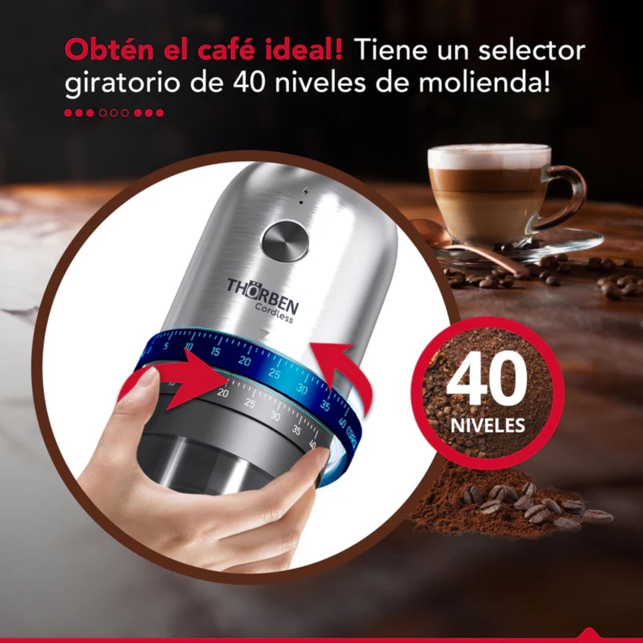 Thörben Moulin à café électrique professionnel, rechargeable USB-C, acier inoxydable, 40 niveaux de broyage, meules en céramique, 30 g de capacité, 10 W, portable, pour maison et bureau