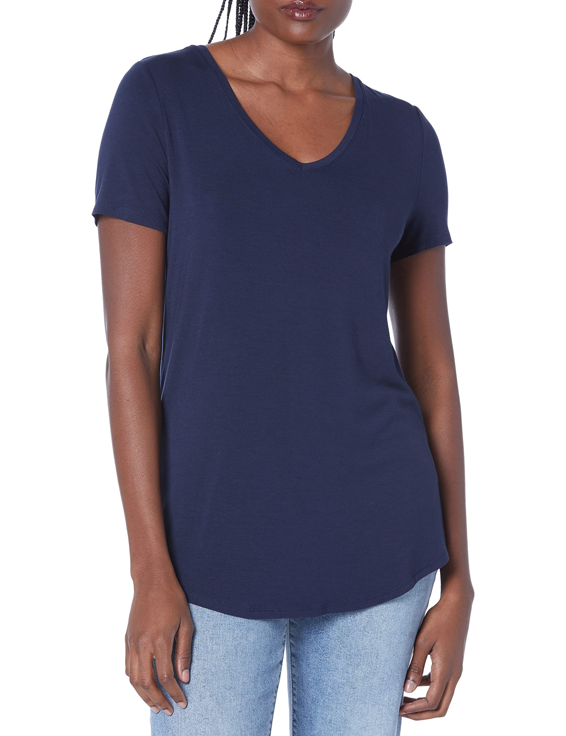 Photo 1 of Amazon Essentials Women's Relaxed-Fit Short-Sleeve V-Neck Tunic (Available in Plus Size), Multipacks Rayon Blend Navy Large