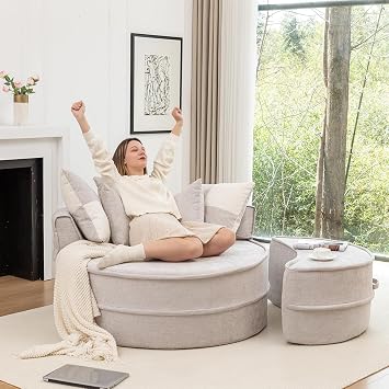 Oversized Round Accent Chair with Ottoman, Upholstered Barrel Chair with 5 Comfy Pillows, Extra Large Lazy Lounge Sofa Armchair for Living Room, Bedroom, Reading Room, Apartment Gray Chenille