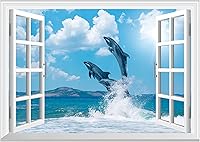 Vista 12 de FLFK Adhesivo falso para pared para ventana, mural de pared de ventana de playa de atardecer para decoración de pared, calcomanías de pared