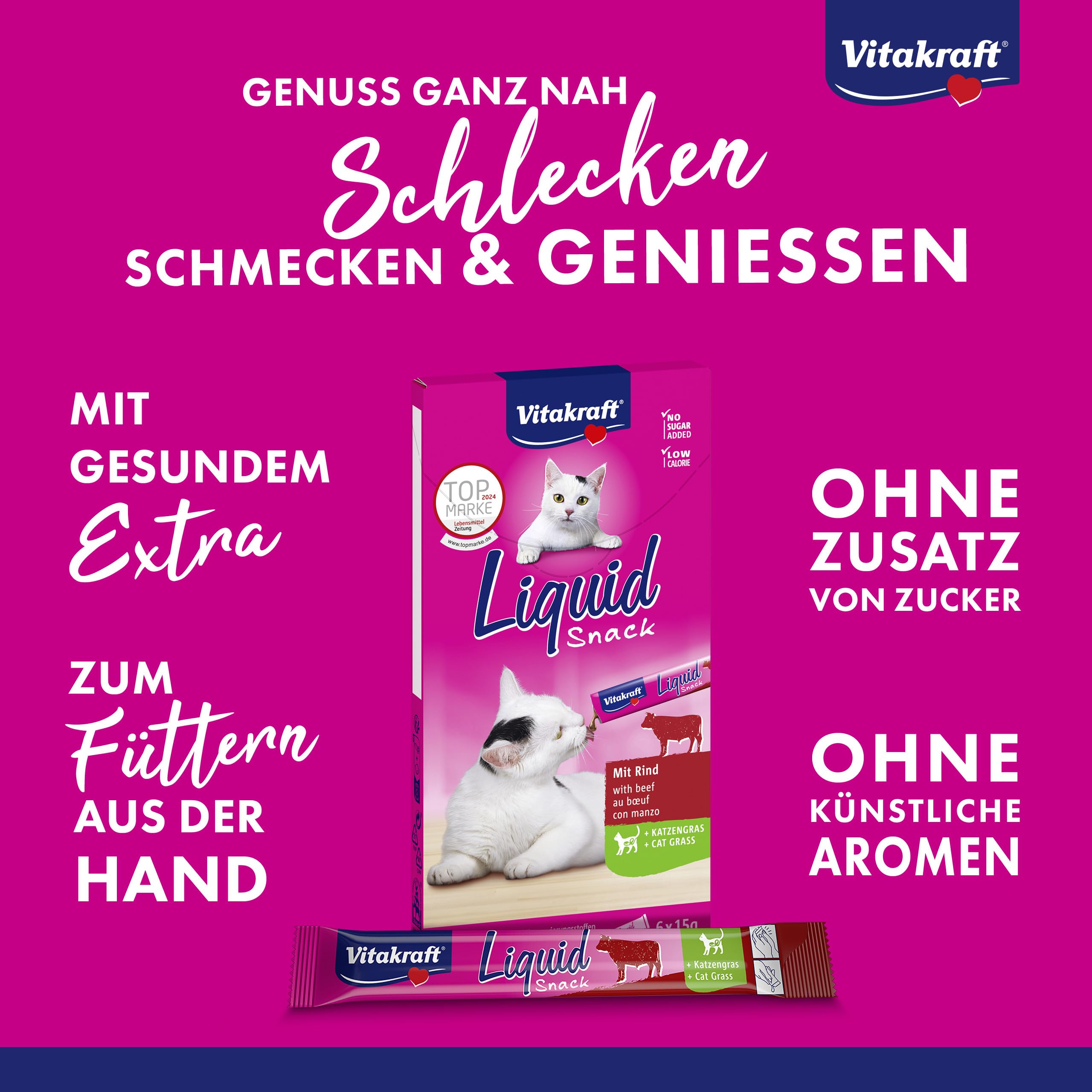 Vitakraft Liquid Snack, golosina para Gatos, Snack cremoso para Gatos, con Carne de Vacuno y Hierba para Gatos, en bolsitas Individuales, para una Flora intestinal Sana (1 Paquete con 6X 15g)