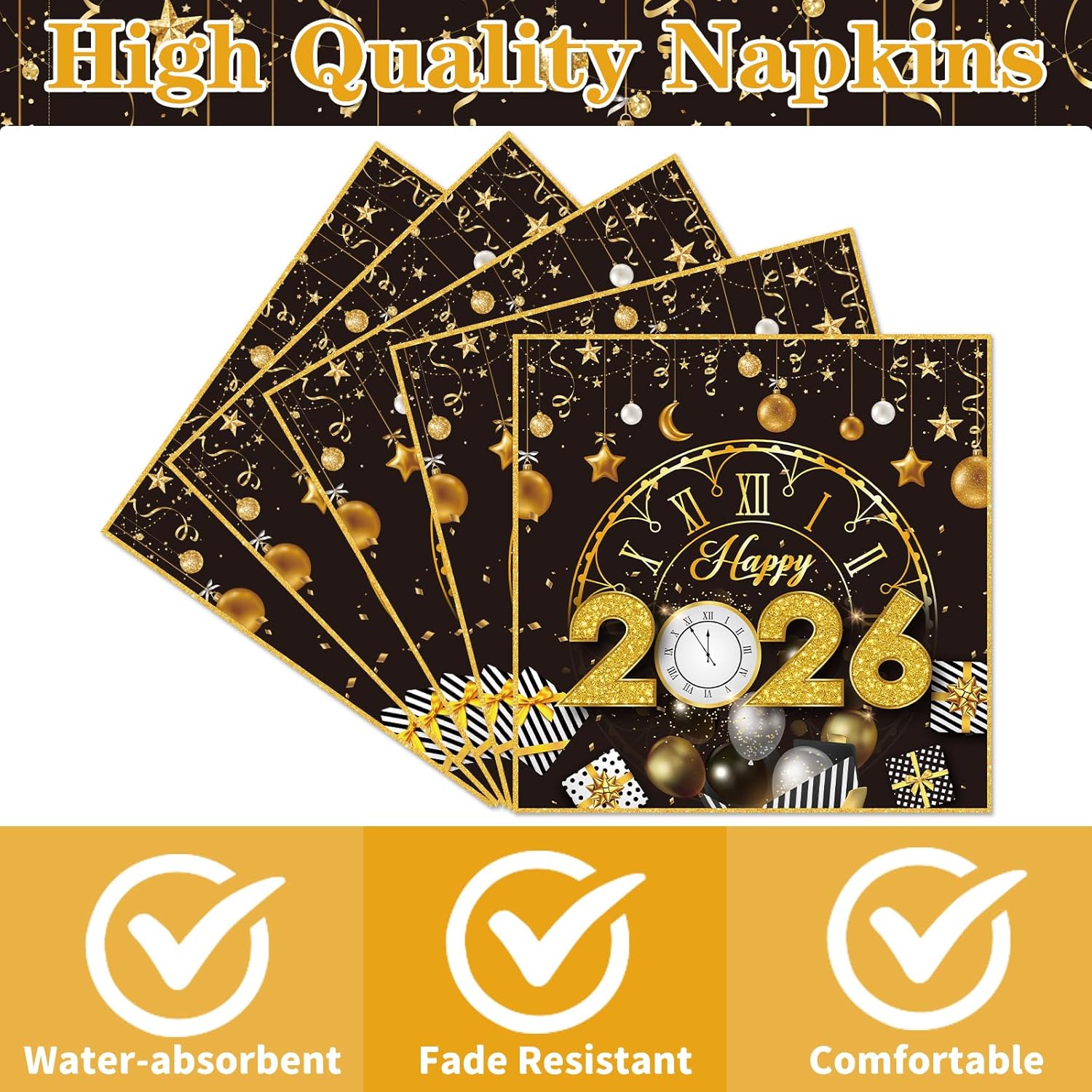 Gameza New Years Eve Party Supplies 2026, 50PCS Happy New Year Eve Disposable Paper Napkins Decorations 2026, Black and Gold Nye Decor 2026