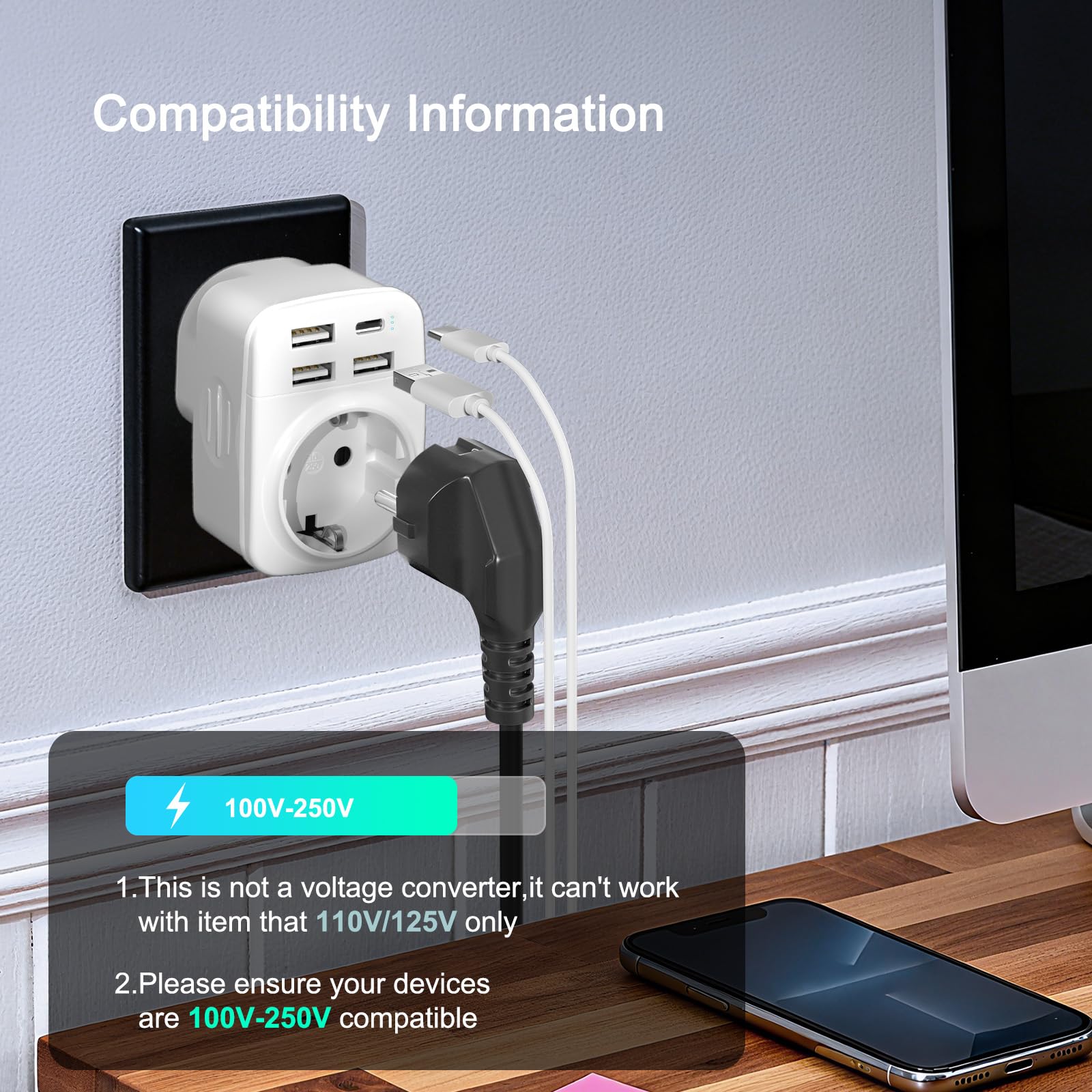Hoppac Adaptateur Prise Anglaise 5 en 1 Type G avec 3 USB A et 1 USB C pour Irlande, Hong Kong, Singapour