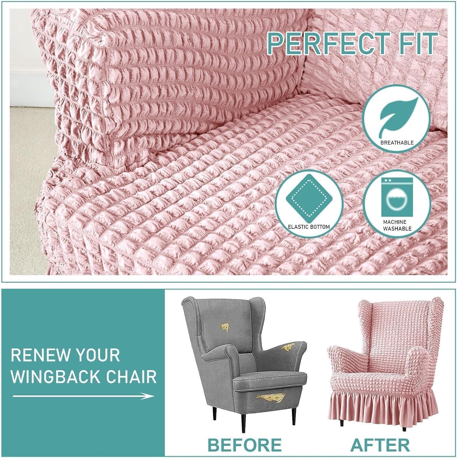 Generisch Elastische Seersucker-Husse für Ohrensessel – Universal Ohrensesselbezug mit Rüschen, Waschbarer Sesselbezug für Wohnzimmer, Hochlehner-Schonbezug im Set(Pink,Chair)