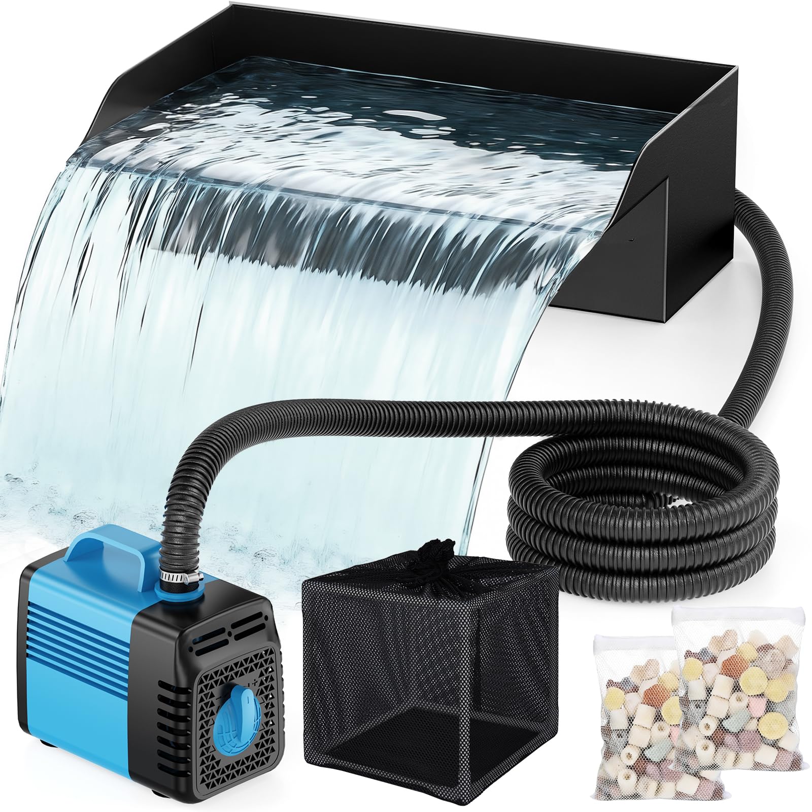 Kit de cascade pour bassin - Filtre de 30 cm avec pompe à cascade de 2500 l/h et cage filtrante - Tube ondulé de 3 m pour étangs de jardin en plein air