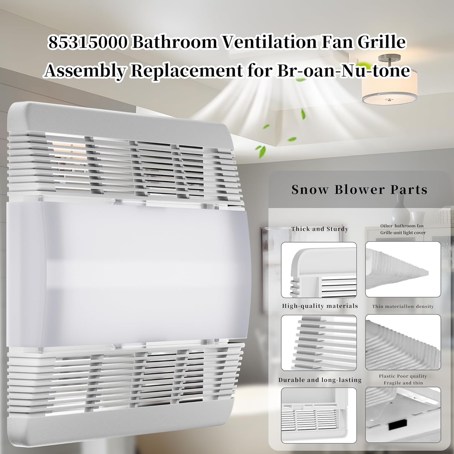 85315000 Vent Fan Cover Grille And Lens Replacement for Broan Nutone Bathroom Ventilation Plastic Cover，Bathroom Fan Exhaust Fits Broan Nutone 663，663N，663FL，663LN，669L，669LN，669FN，770F，763RLN，769RLN
